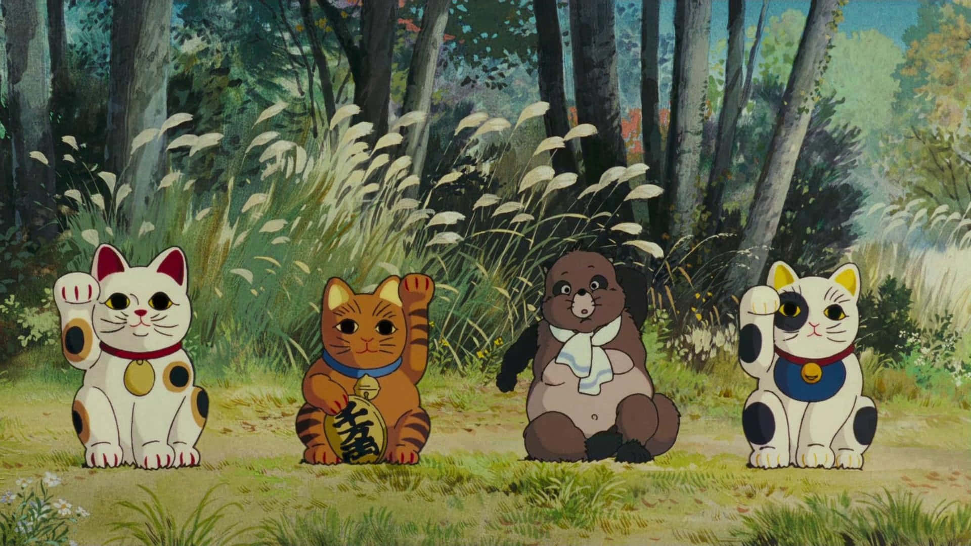 Enchanting Pom Poko Characters In Action Background