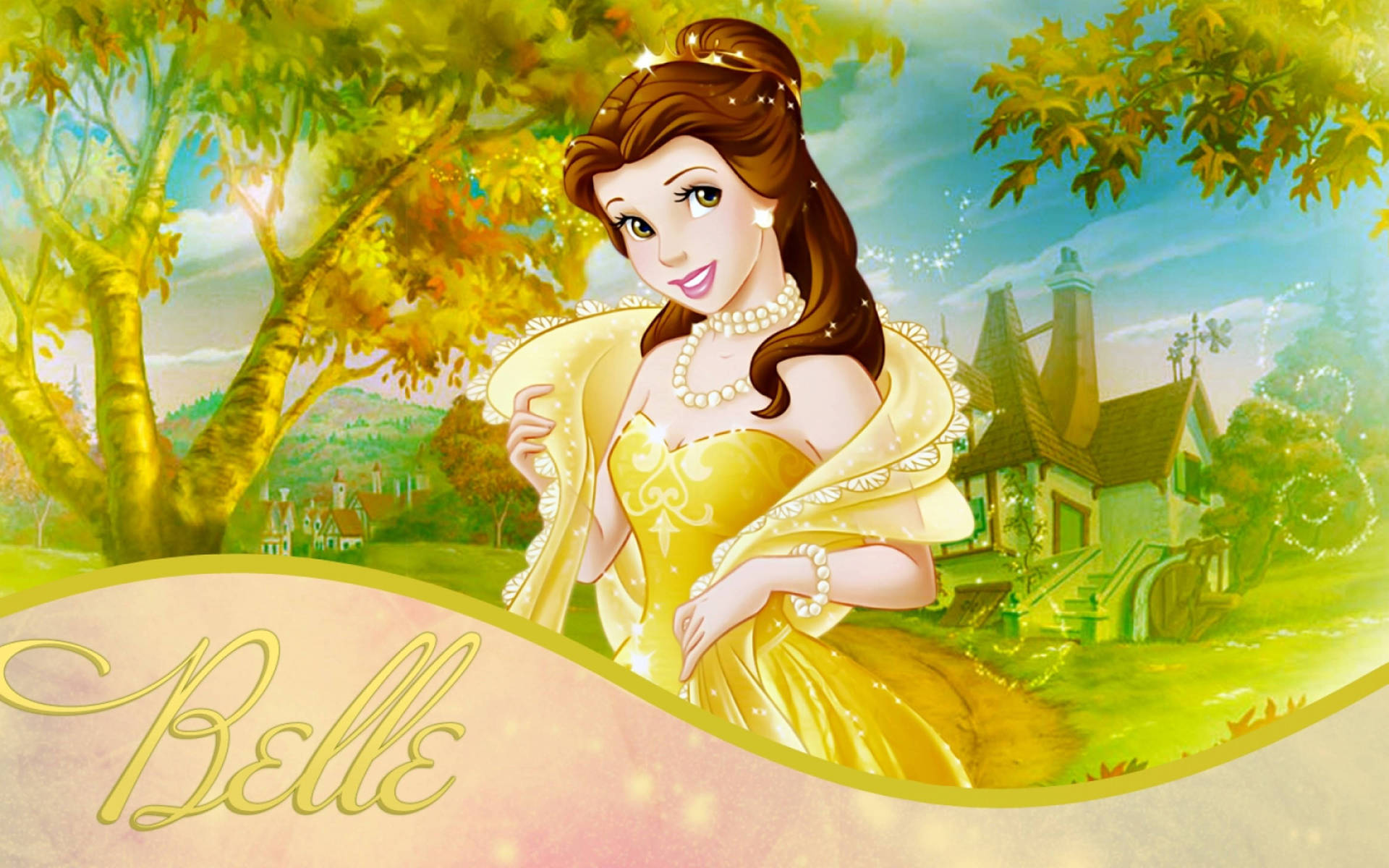 Enchanting Princess Belle In Elegant Yellow Gown Background