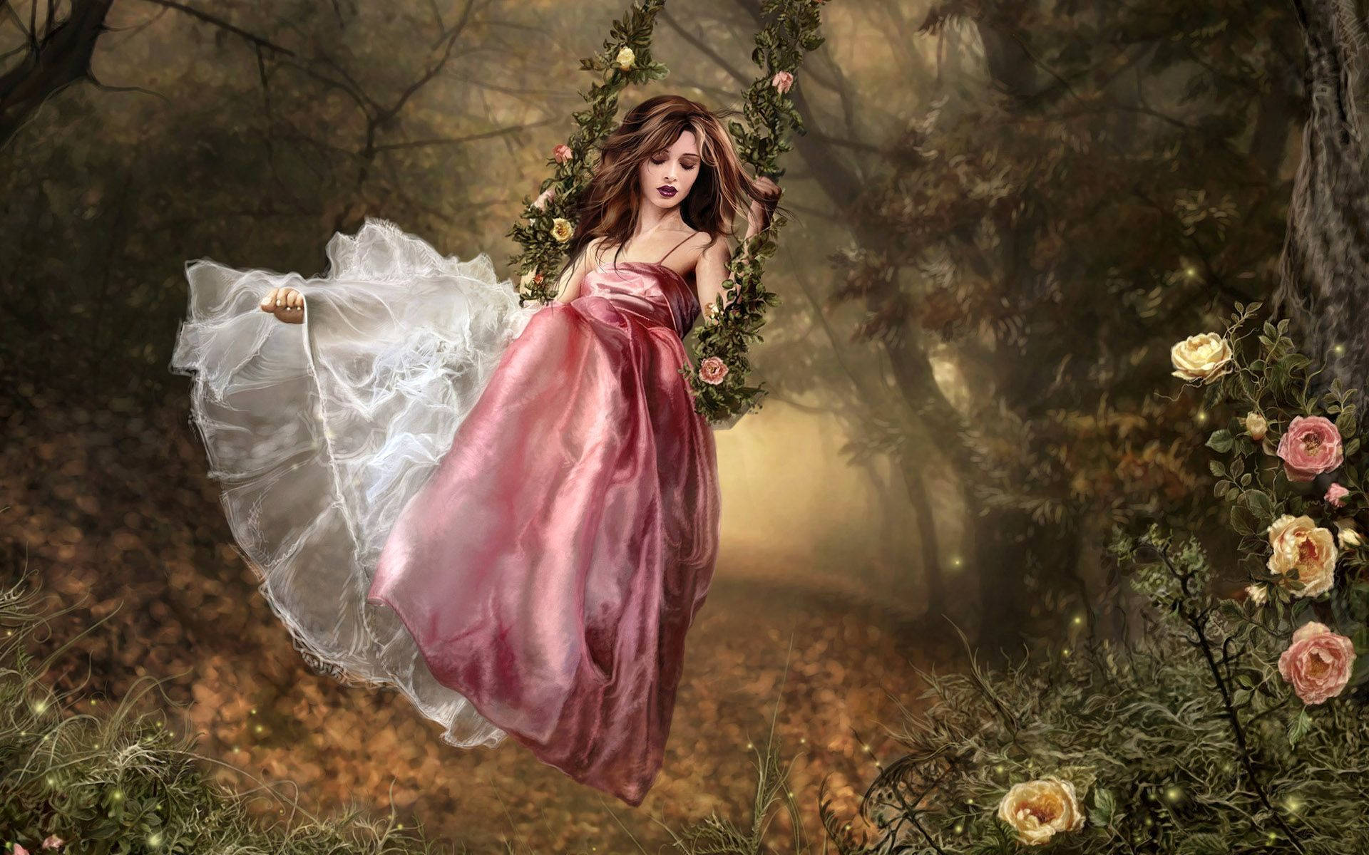 Enchanting Princess Relaxing On Swing Background