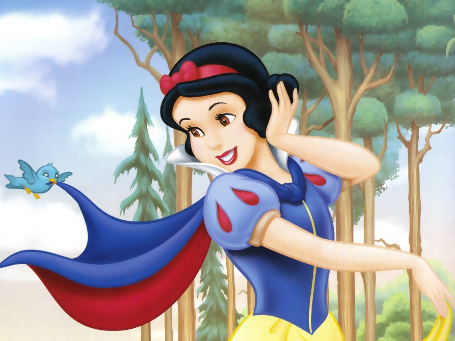 Enchanting Snow White With The Seven Dwarfs In Mystical Forest. Background