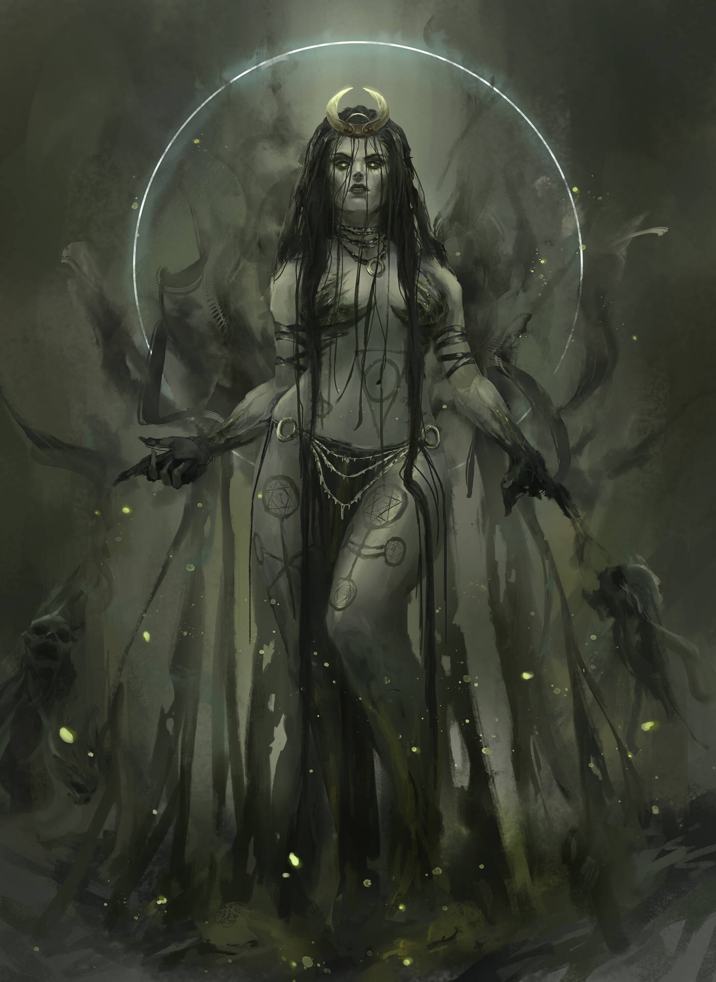 Enchantress With Black Smoke Skull Background