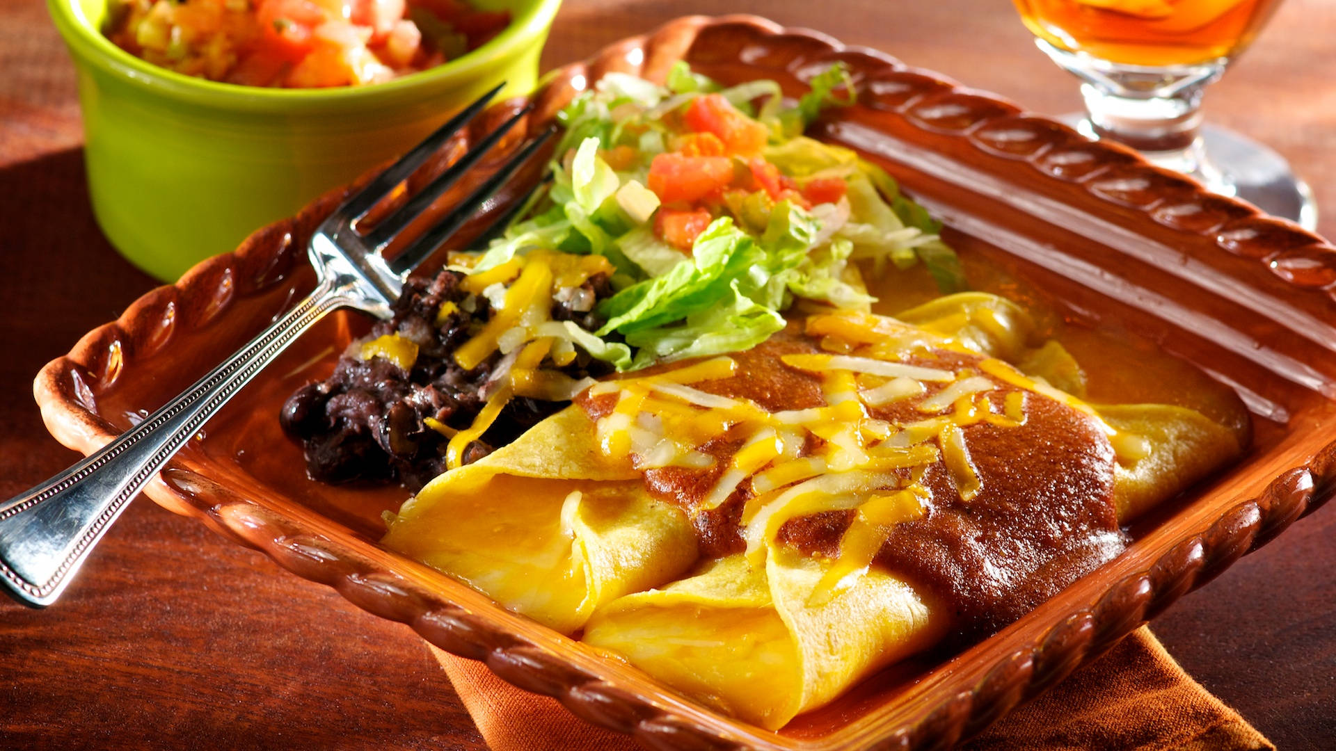 Enchiladas On Square Wooden Plate