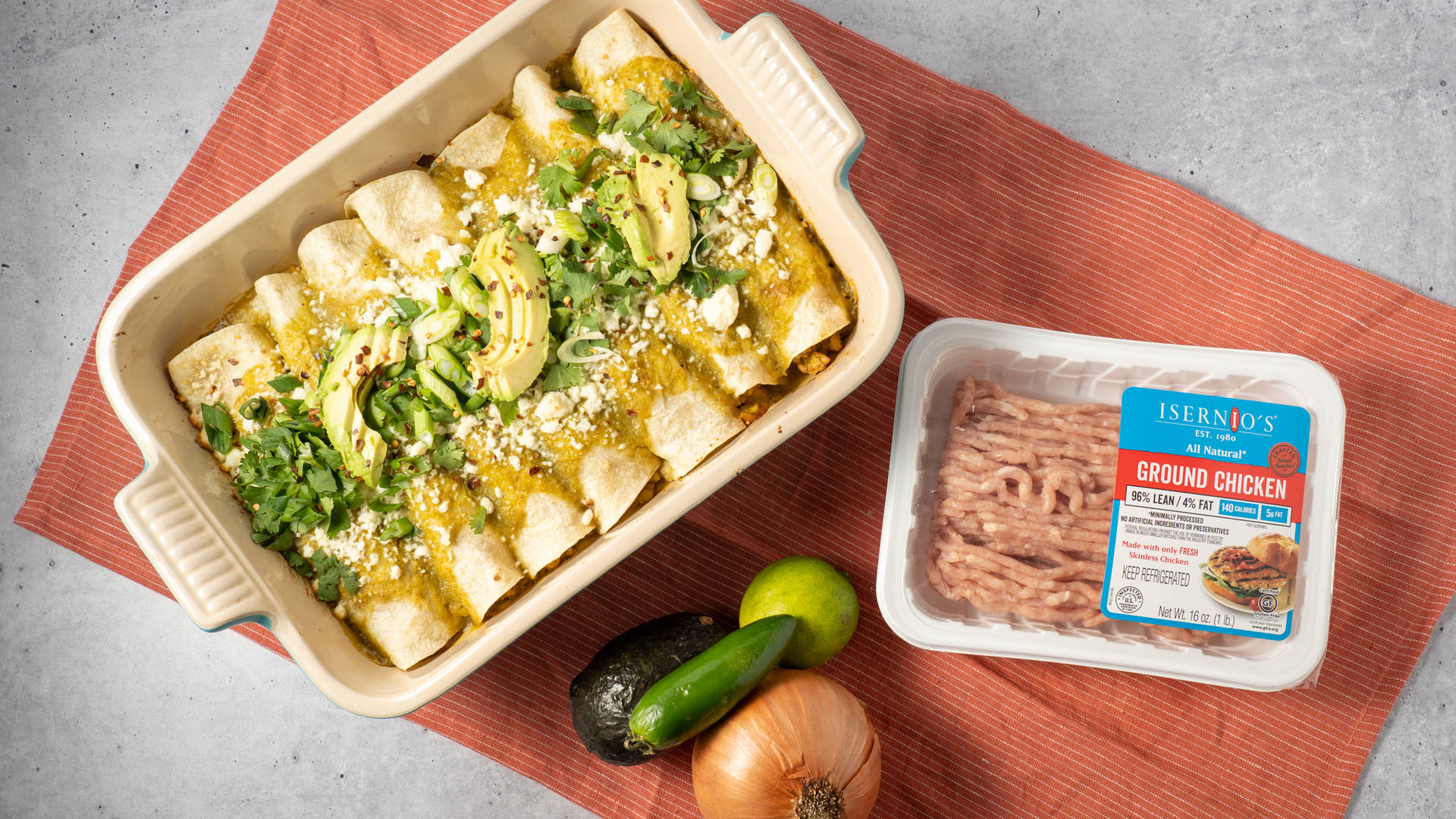 Enchiladas Tray With Ingredients On Cloth Background