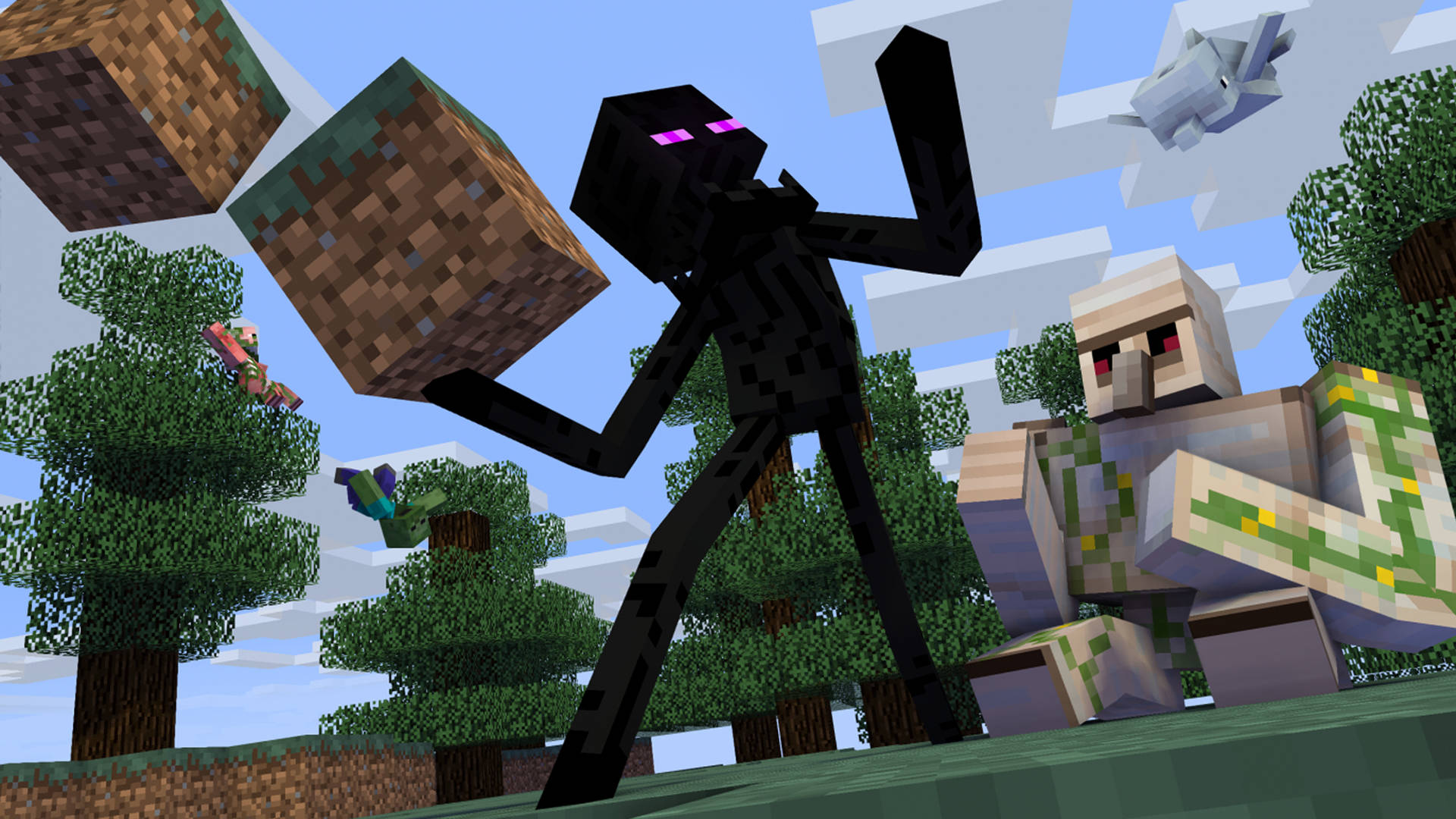 Enderman Fighting Golem 2560x1440 Minecraft Background