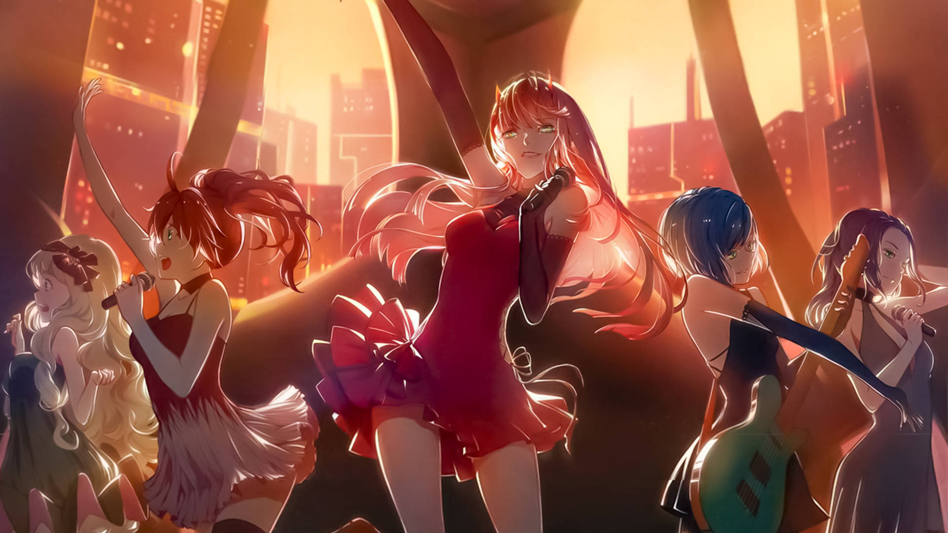 Energetic Anime Girl Band Dancing On Dreamy Stage Background