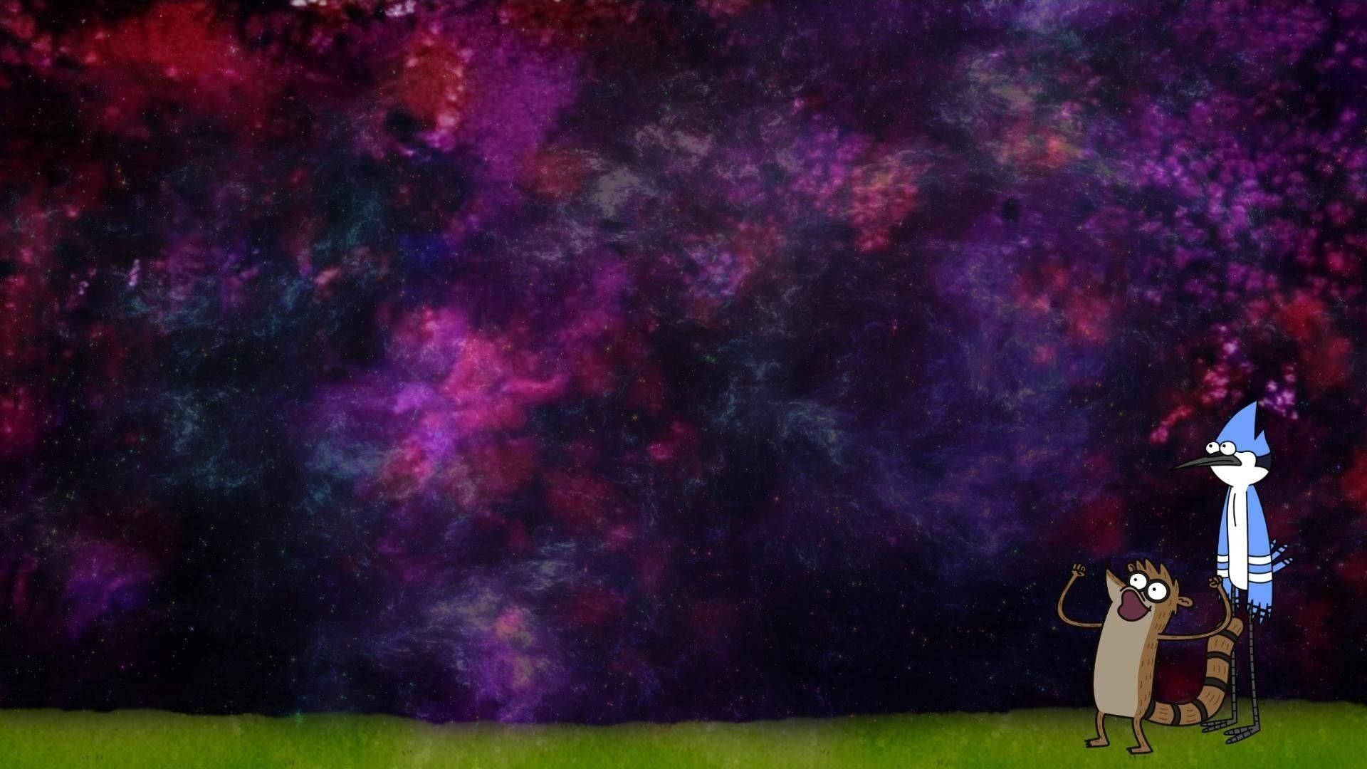 Engrossing Night Sky With Regular Show Characters Background