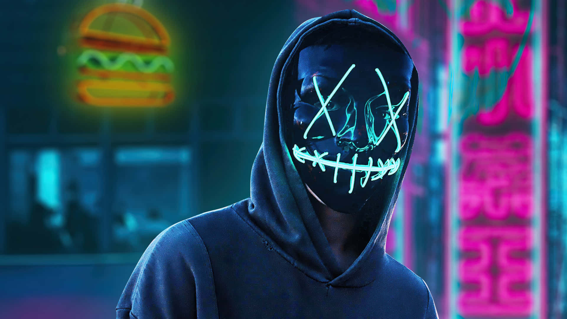 Enigmatic Masked Boy In Blue Hoodie Background