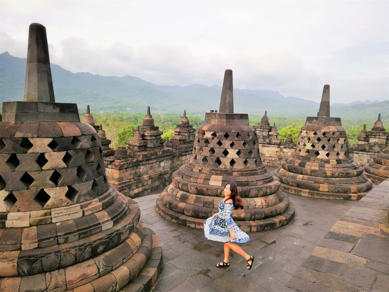 Enigmatic Smile At The Historic Borobudur Temple Background