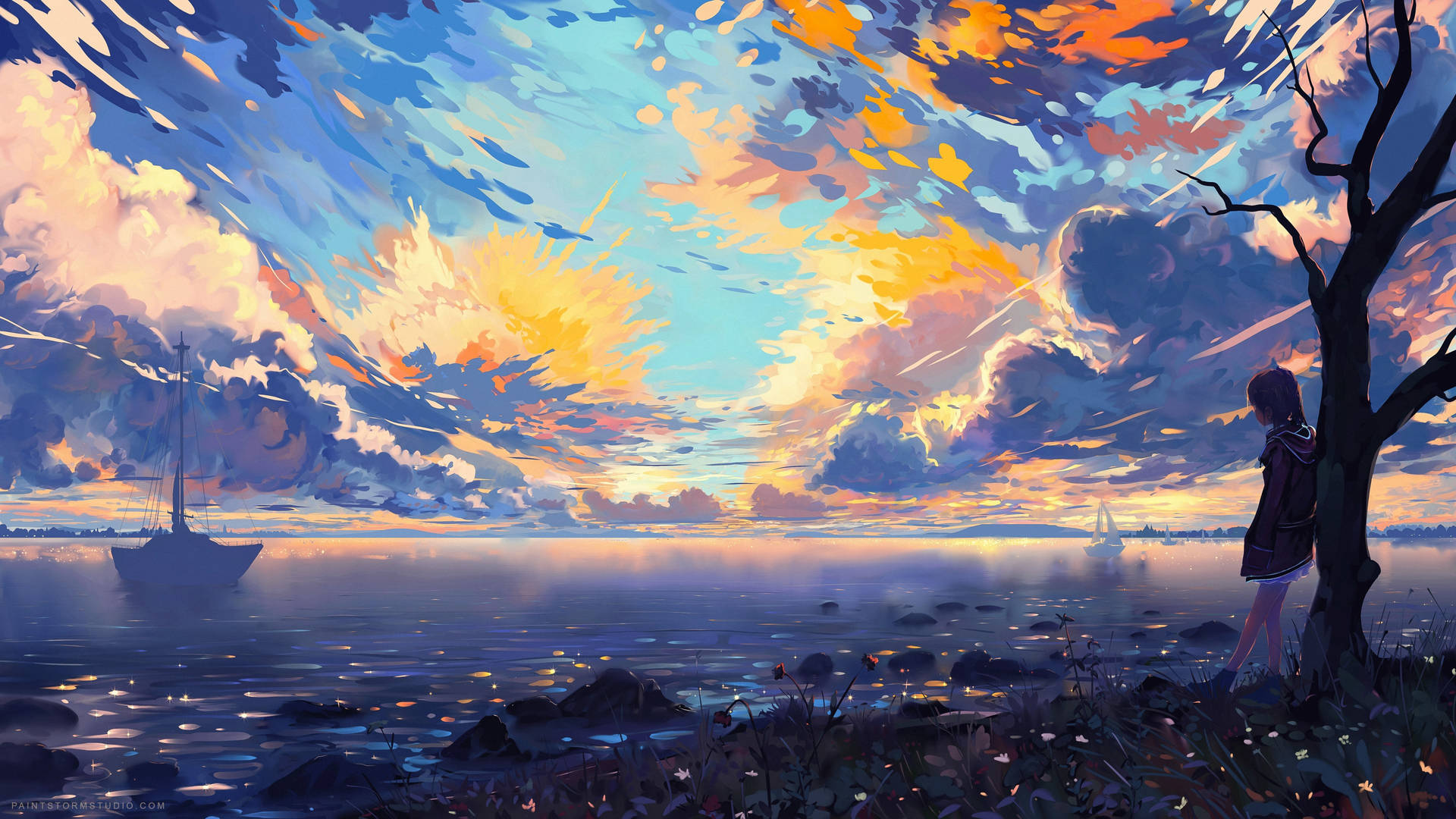 Enjoy A Peaceful Stroll Through The Colorful And Vibrant Anime Scenery.