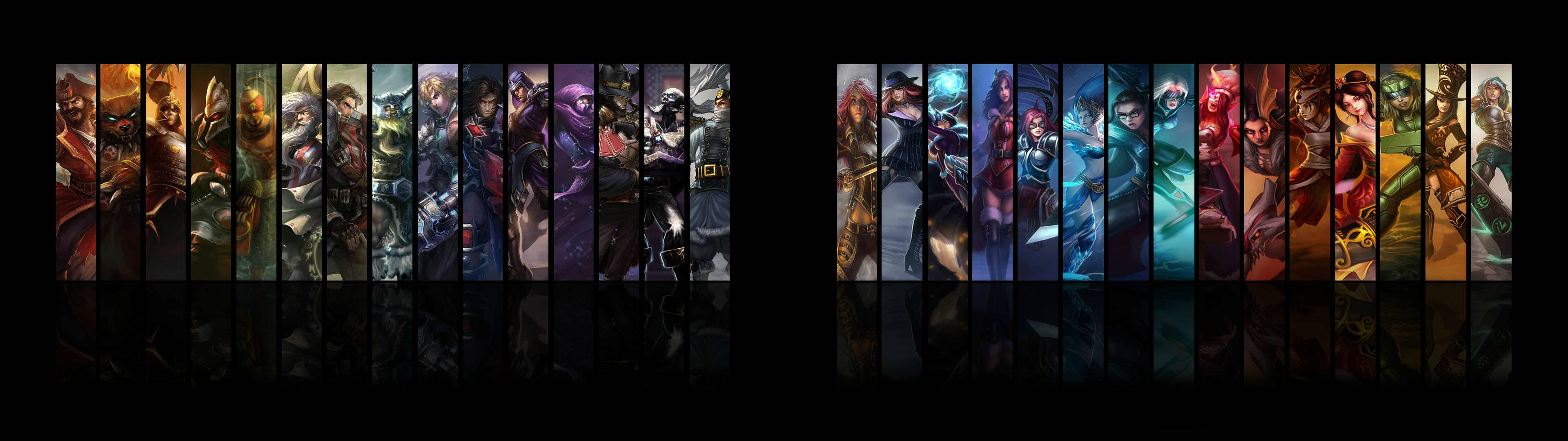 Enjoy Riot-designed Characters On A Dual Monitor Background