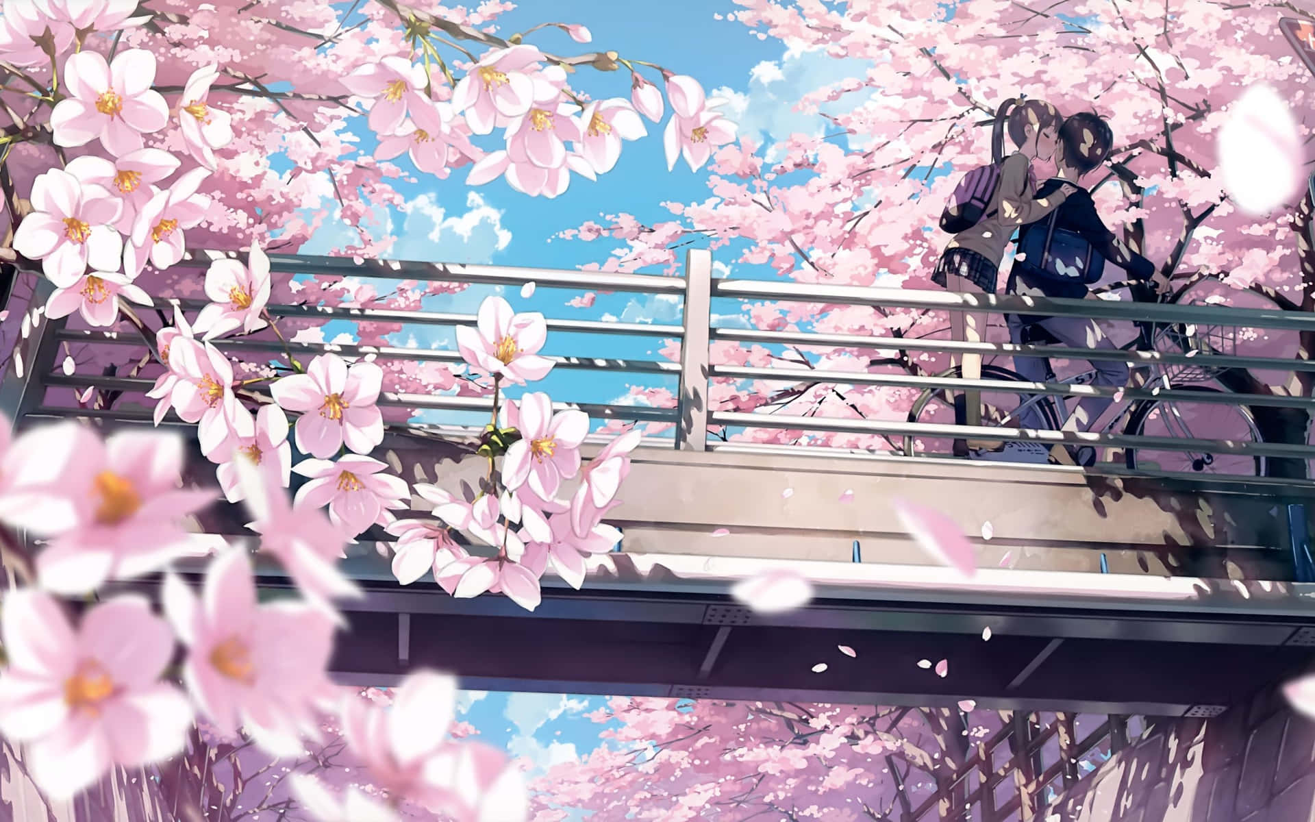 Enjoy The Beauty Of A Cherry Blossom-filled Landscape With This Peaceful Anime Scenery. Background