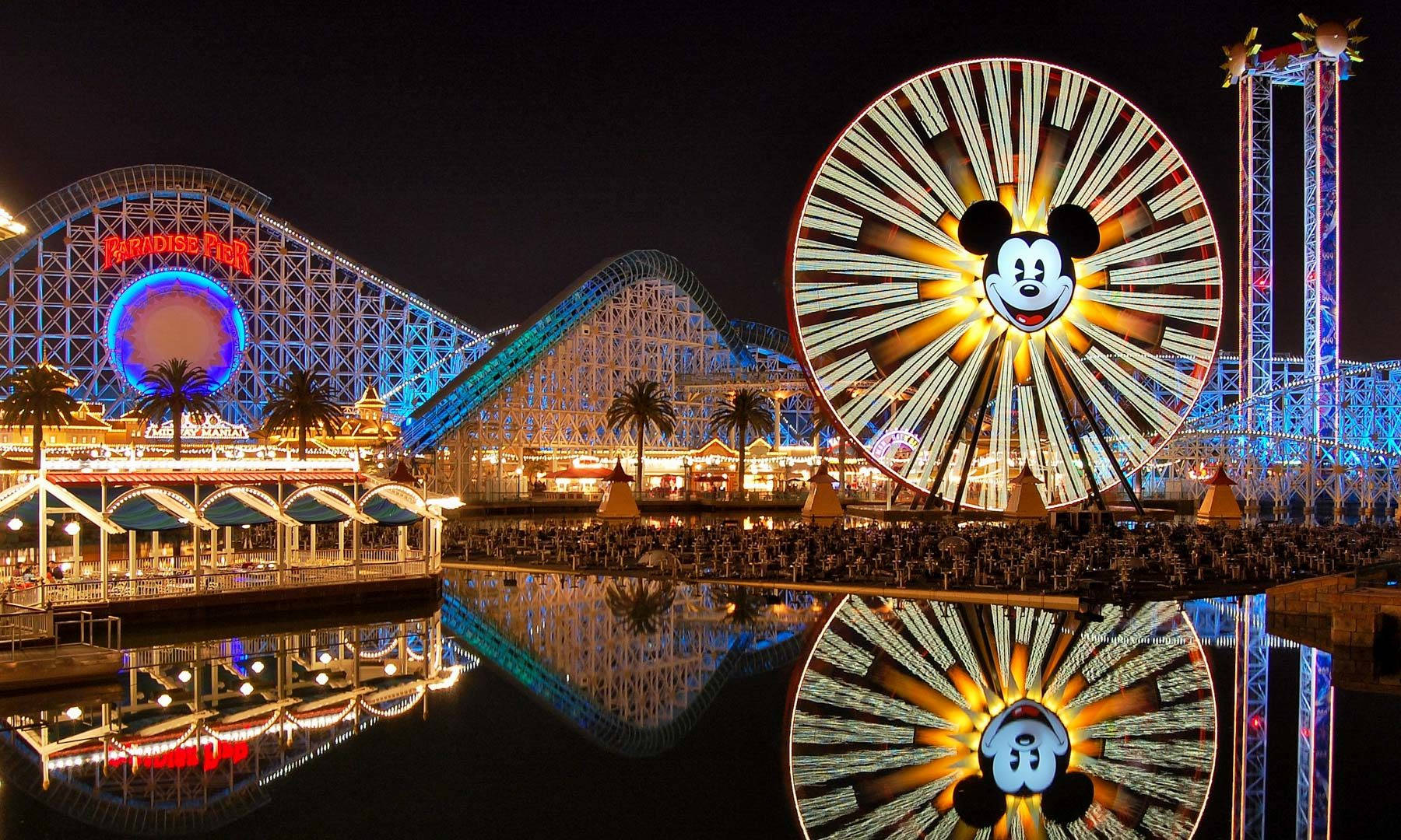 Enjoy The Magical View Of Pixar Pier At Night Background