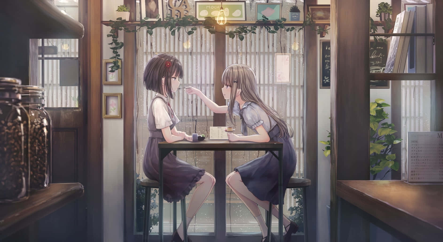 Enjoy Your Favourite Anime Over A Deliciously Refreshing Cup Of Coffee At Cafe Anime Background