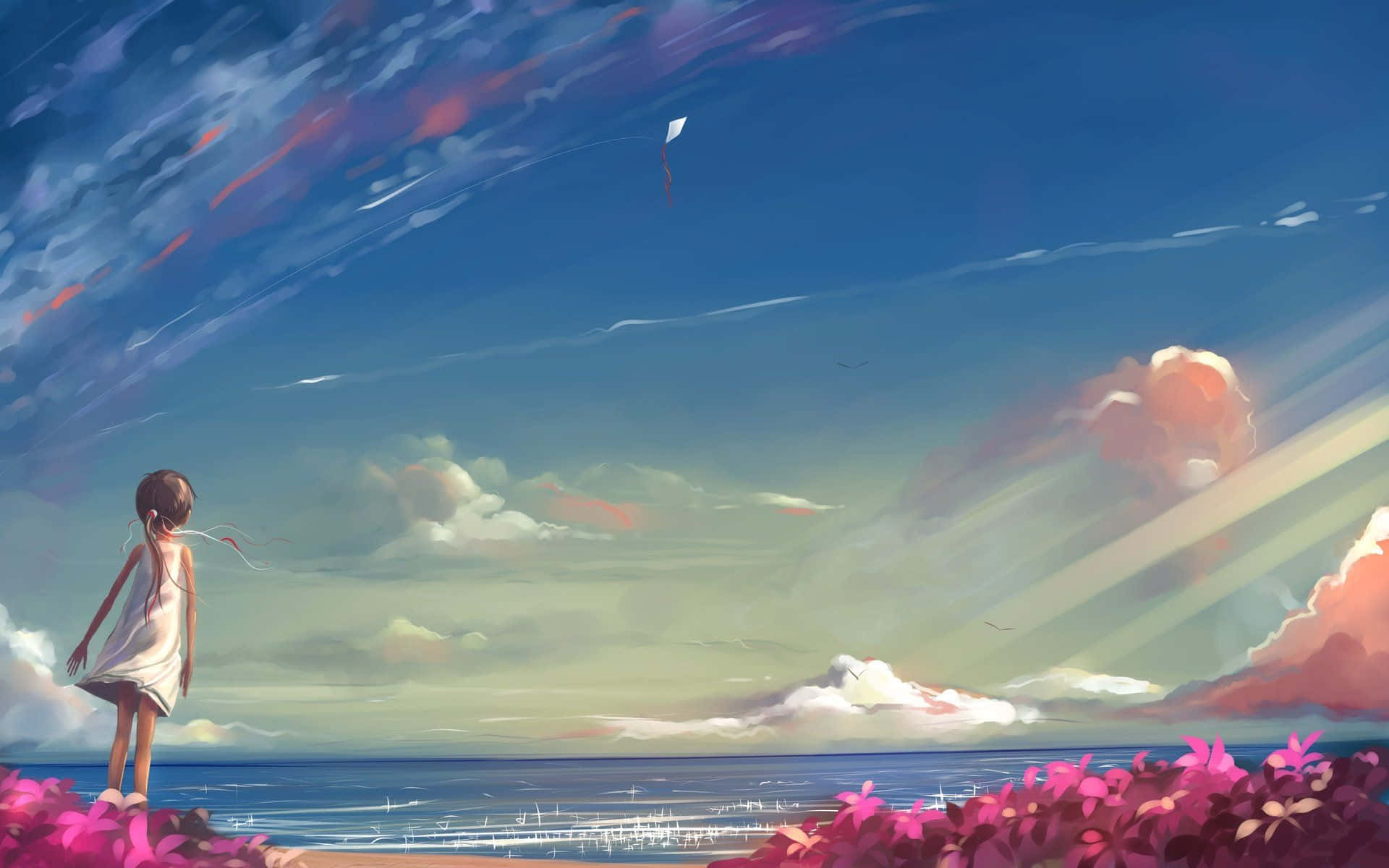 Enjoying A Bright And Sunny Day At The Anime Beach Background