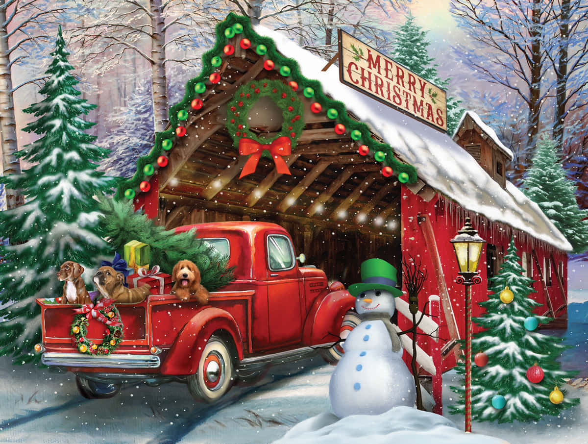 Enjoying A White Christmas With A Vintage Truck Background
