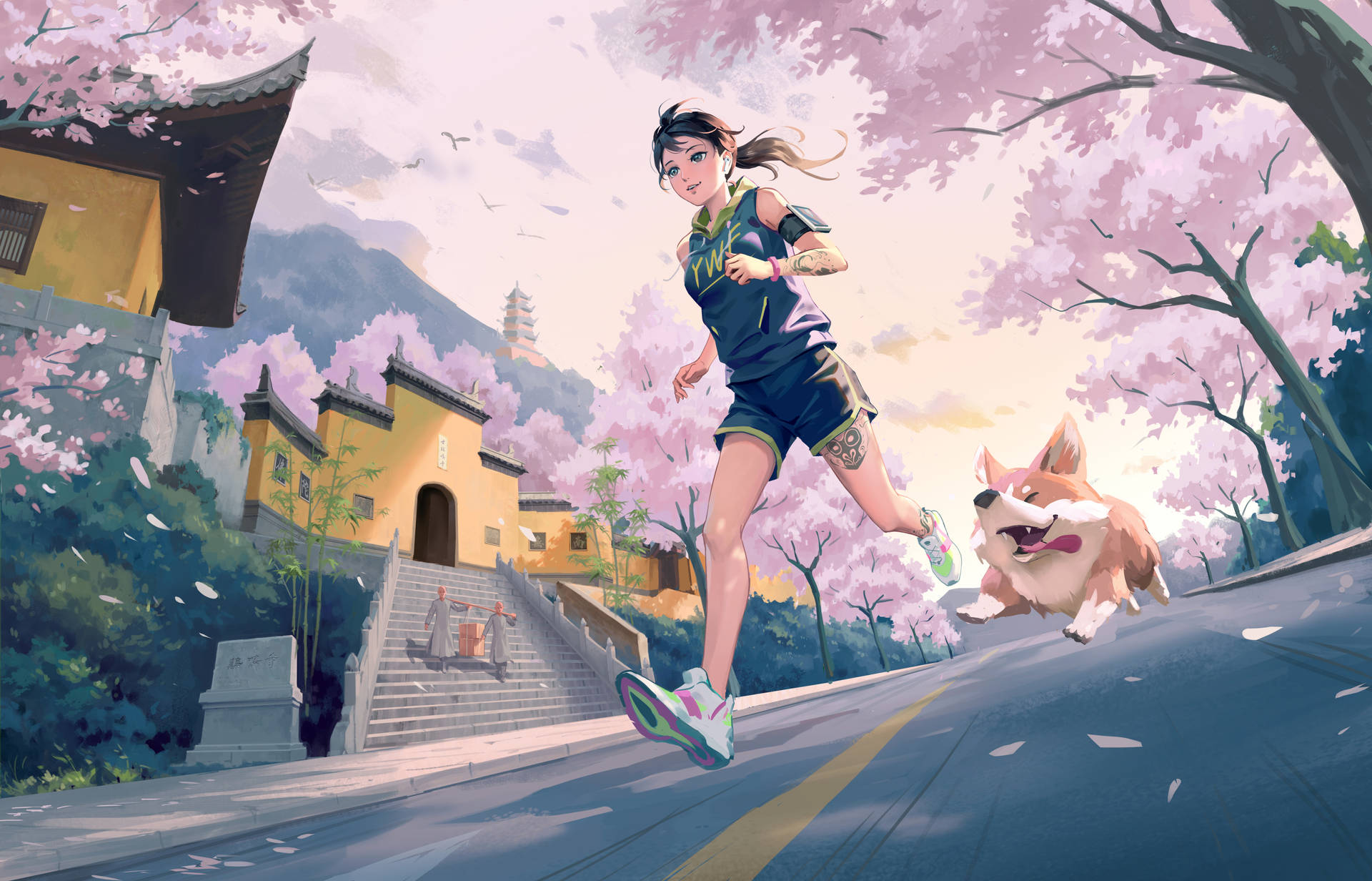 Enjoying Jogging Activities Dog And Girl Background