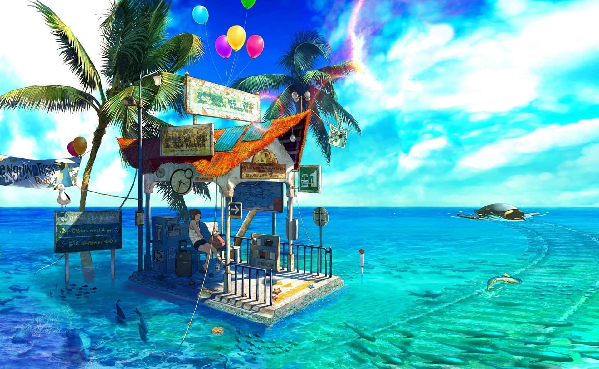 Enjoying The Sun, Sand, And Sea With Friends At The Anime Beach Background