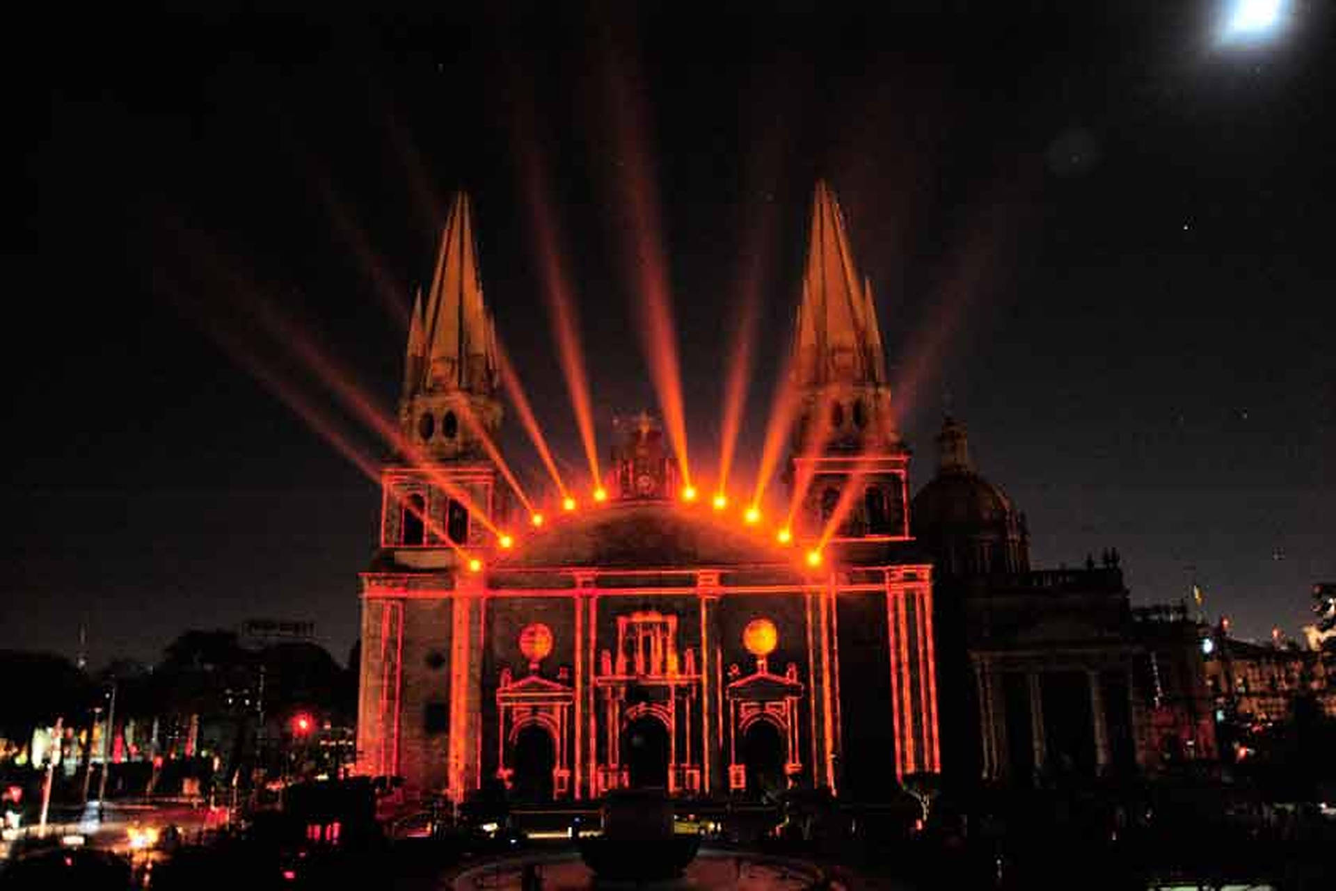 Enlightened Guadalajara Cathedral At Night Background