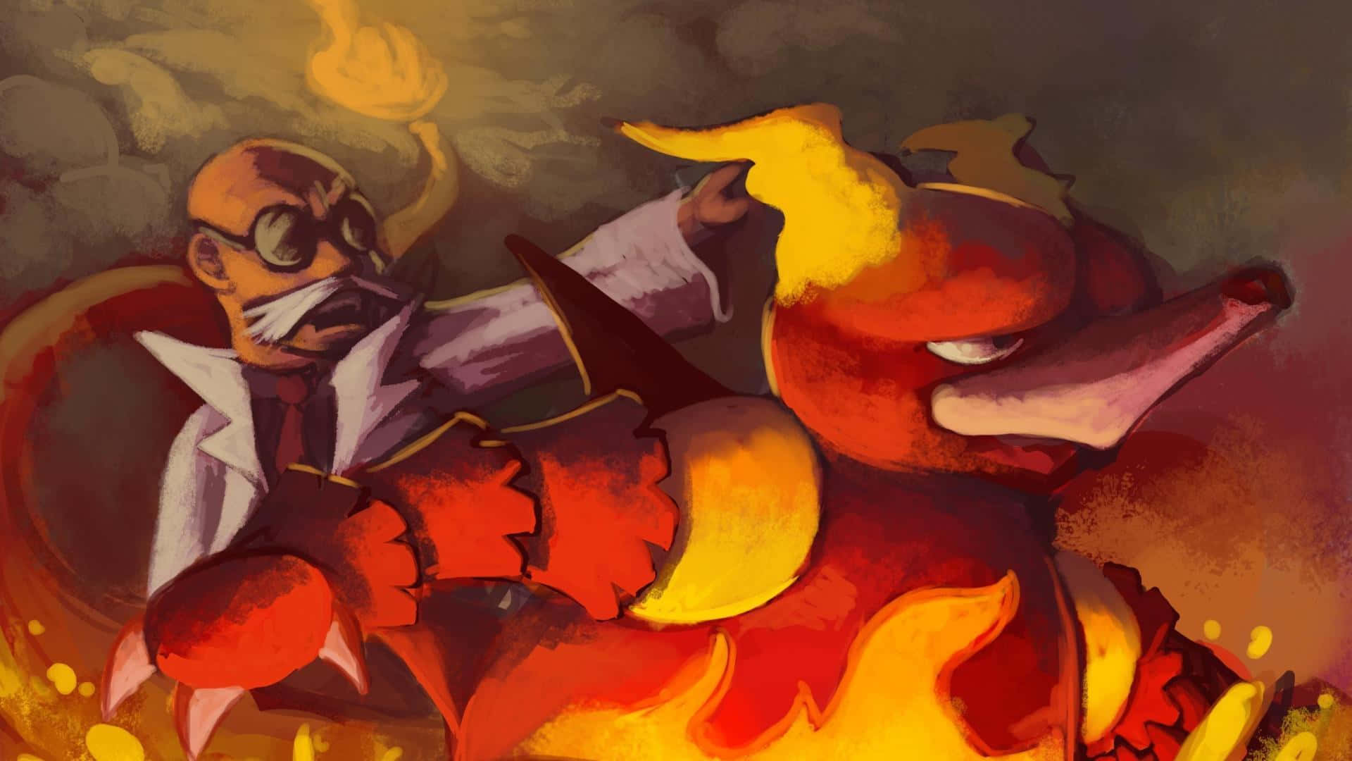 Enthralling Encounter Between Magmar And The Old Trainer Background