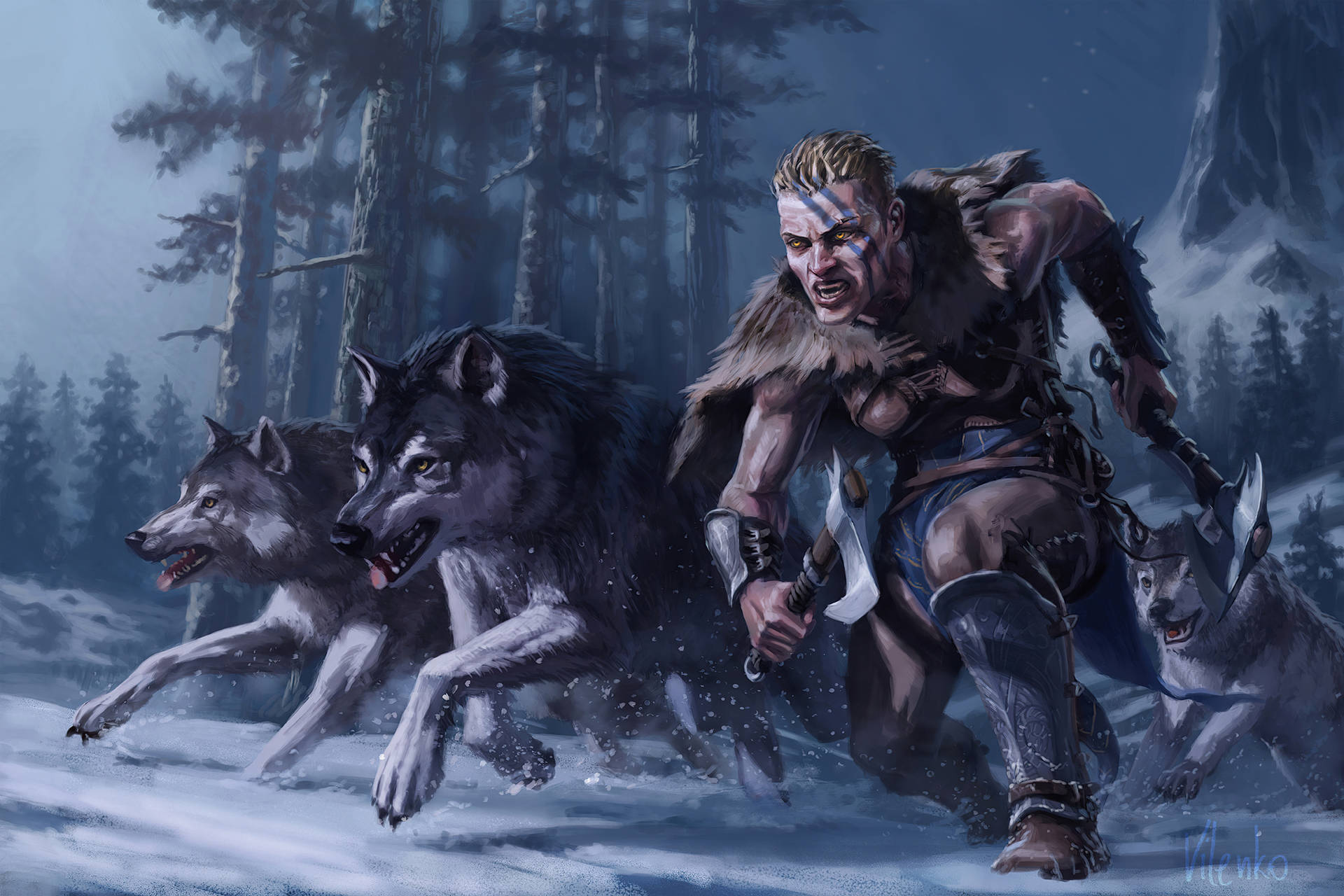Enthralling Encounter - The Main Protagonist Of Assassin's Creed Valhalla Interfacing With Majestic Wolfdogs Background
