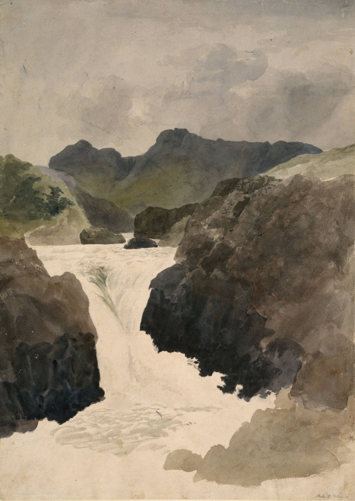 Enthralling Landscape Painting Of Skelwith Force, Westmorland By Robert Hills Background