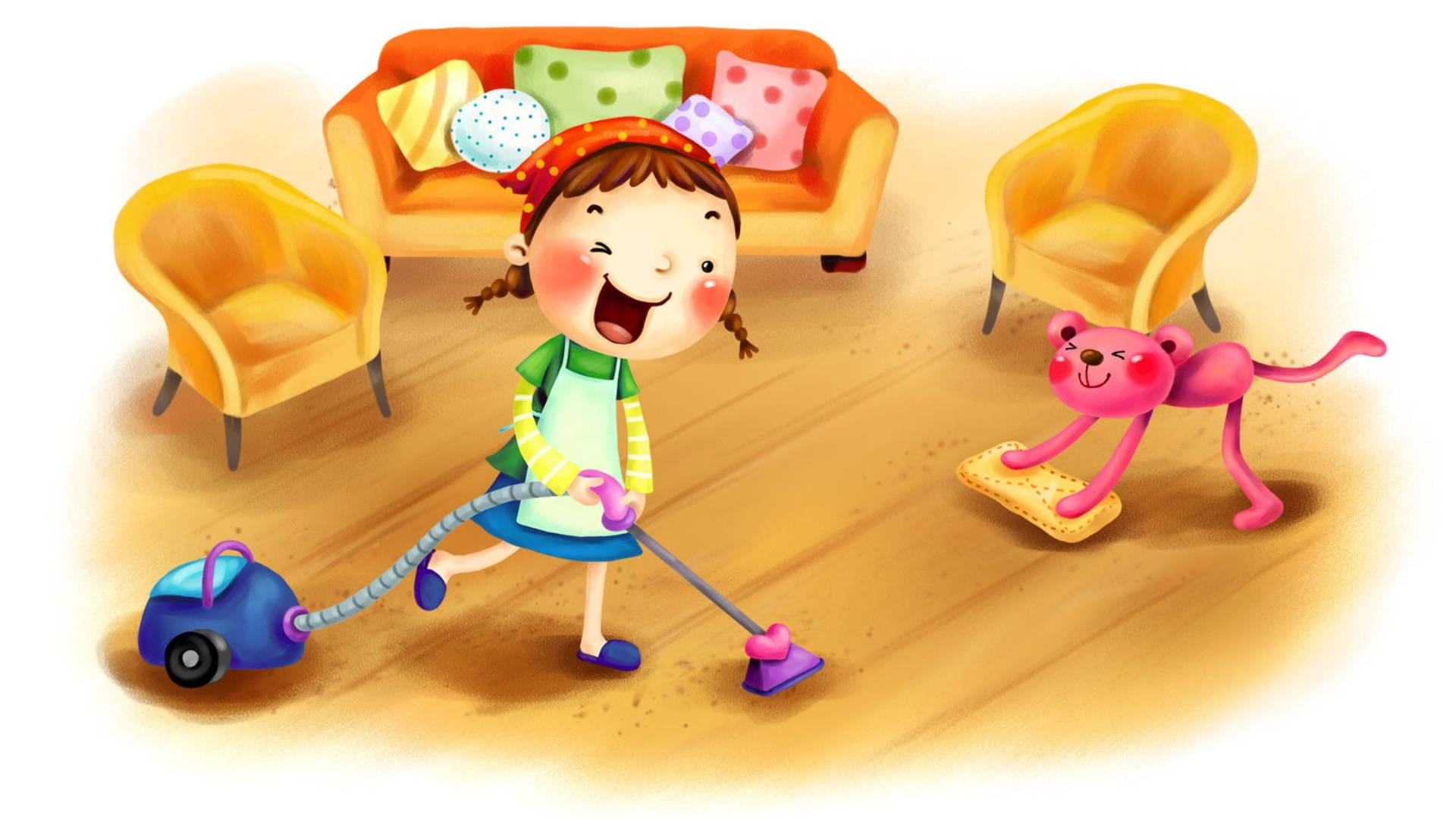 Enthusiastic House Cleaning Girl Background