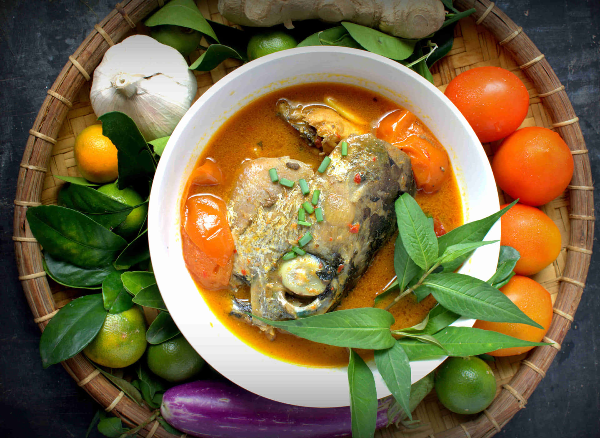 Enticing Fish Head Curry Flat Lay Shot Background