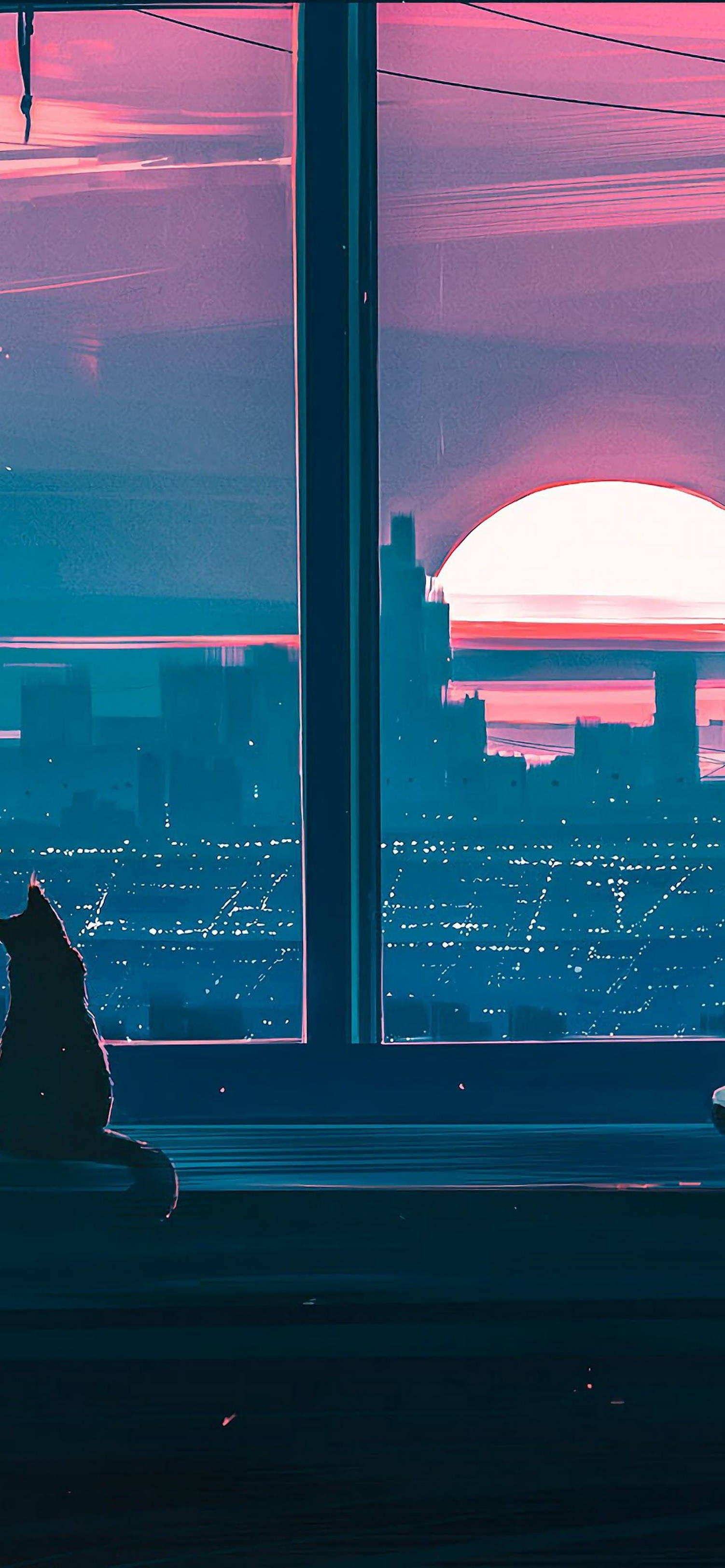 Entrancing Sunset Anime Aesthetics For Iphone - A Cat By The Window Background