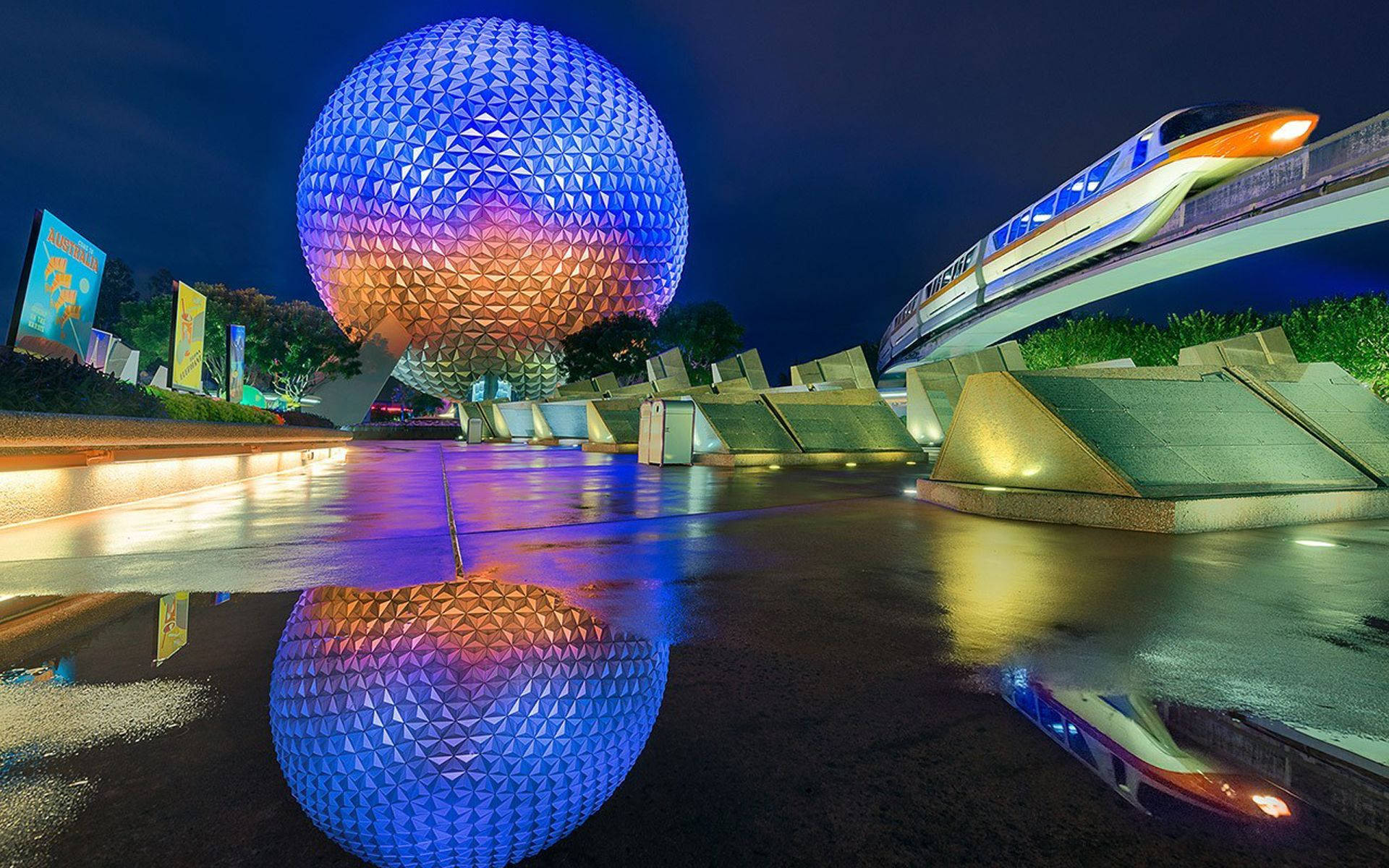 Epcot Globe Reflected On Ground Background