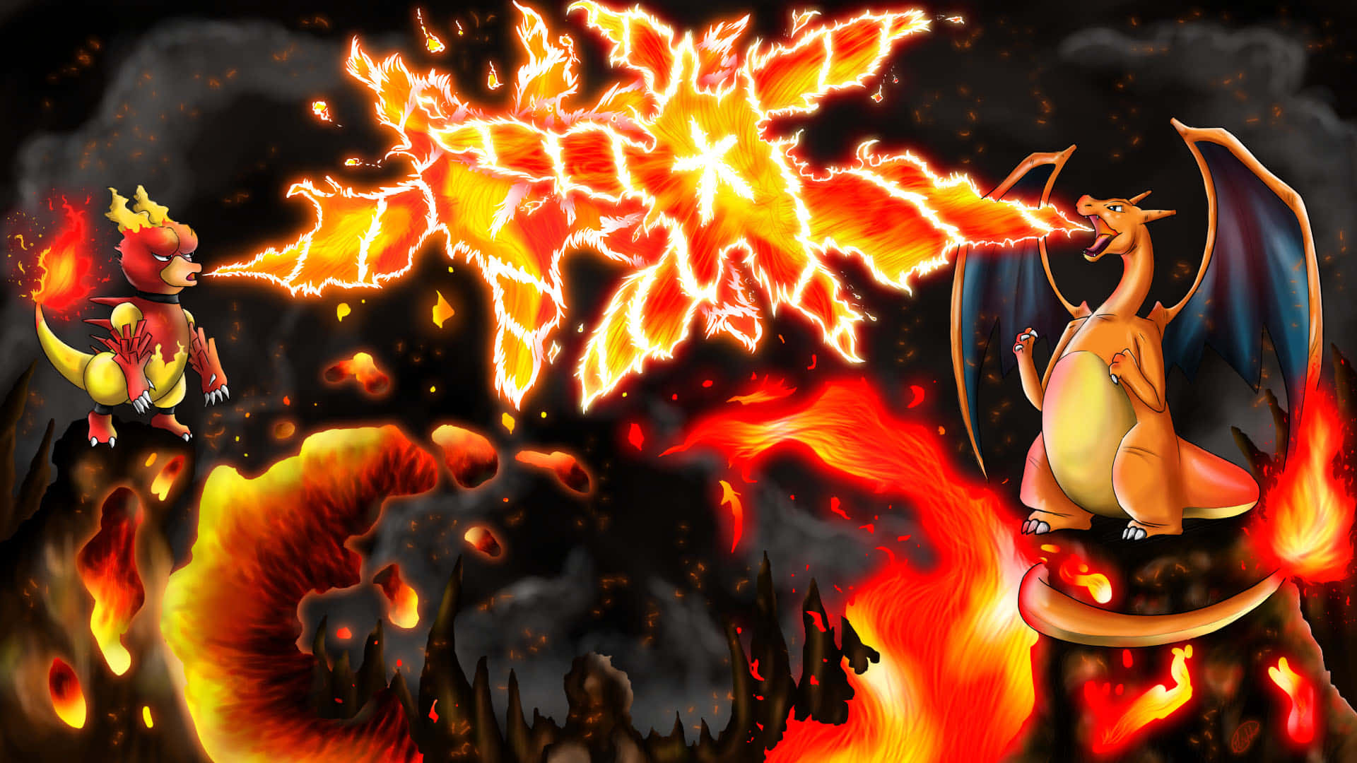 Epic Battle Between Magmar And Charizard Background