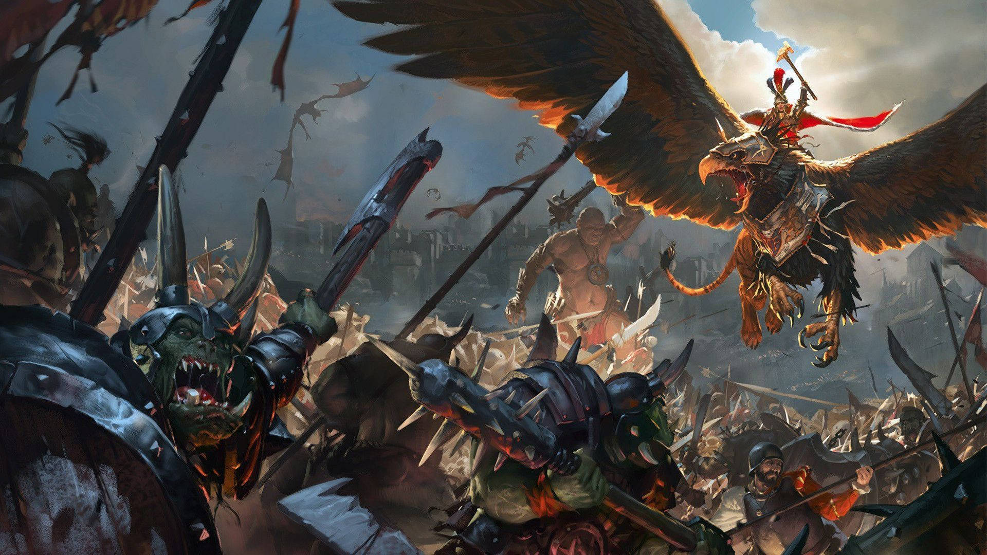 Epic Battle Scene Of Orcs And Gryphon Riders In Total War: Warhammer Background