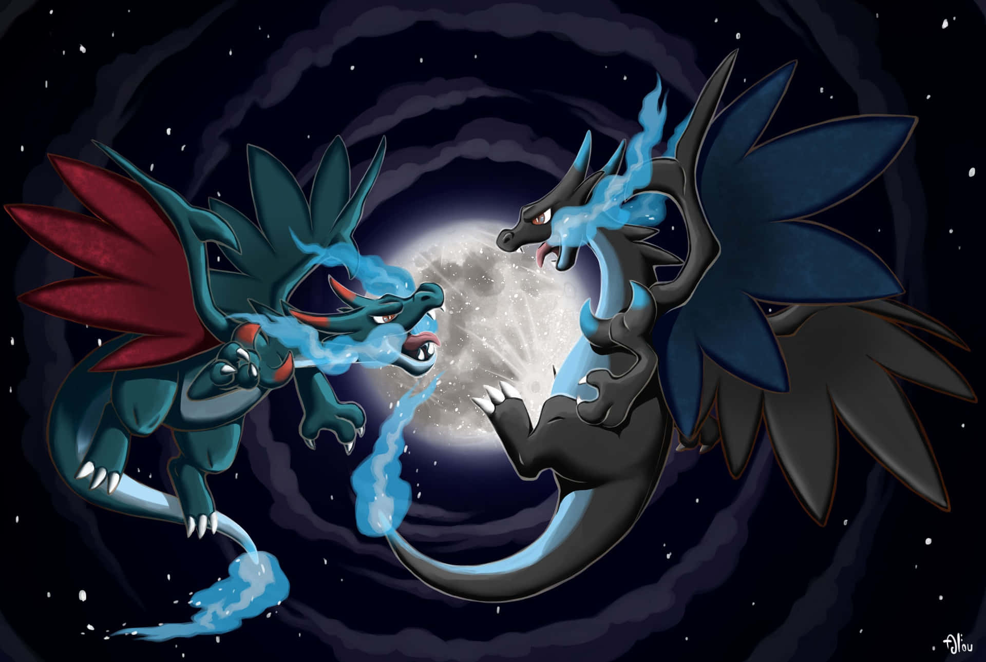 Epic Charizard X Mega In Front Of Moon