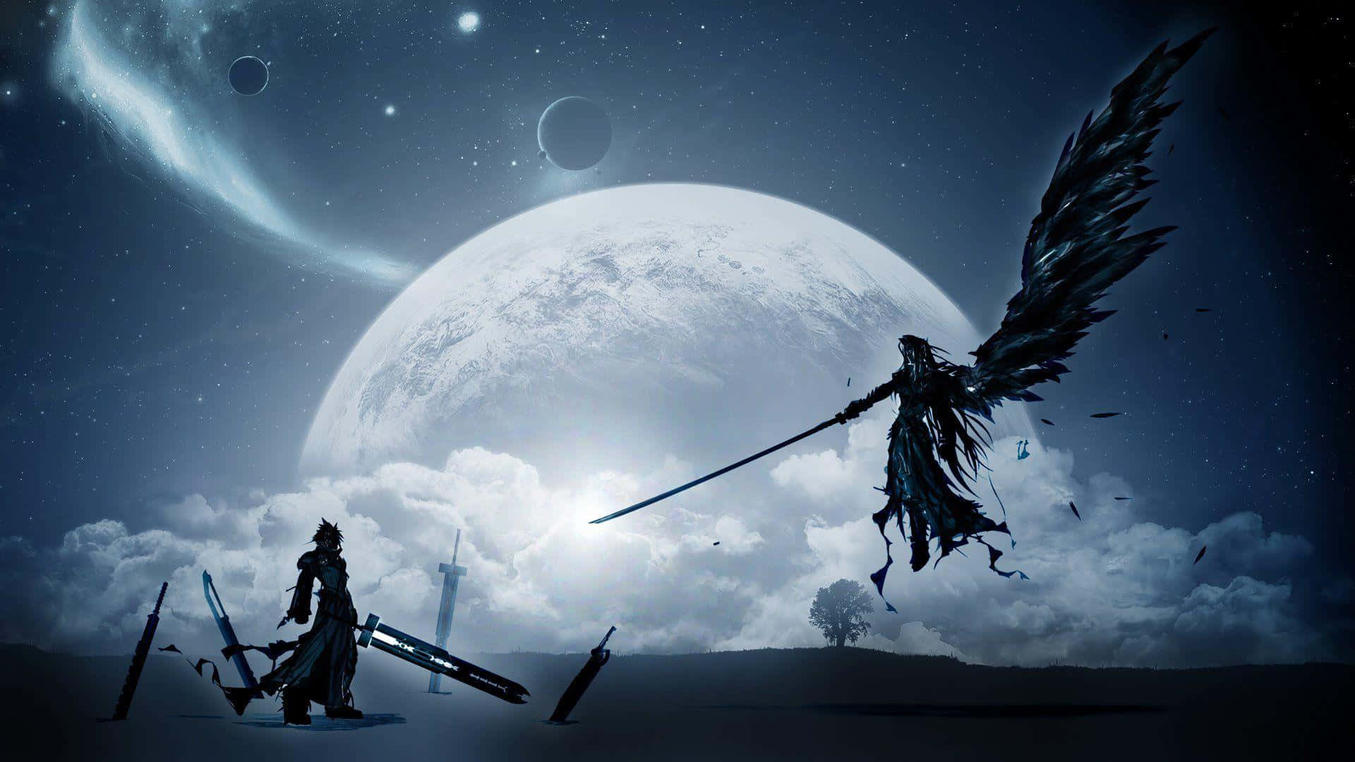 Epic Fantasy Battle Under Giant Moon Background