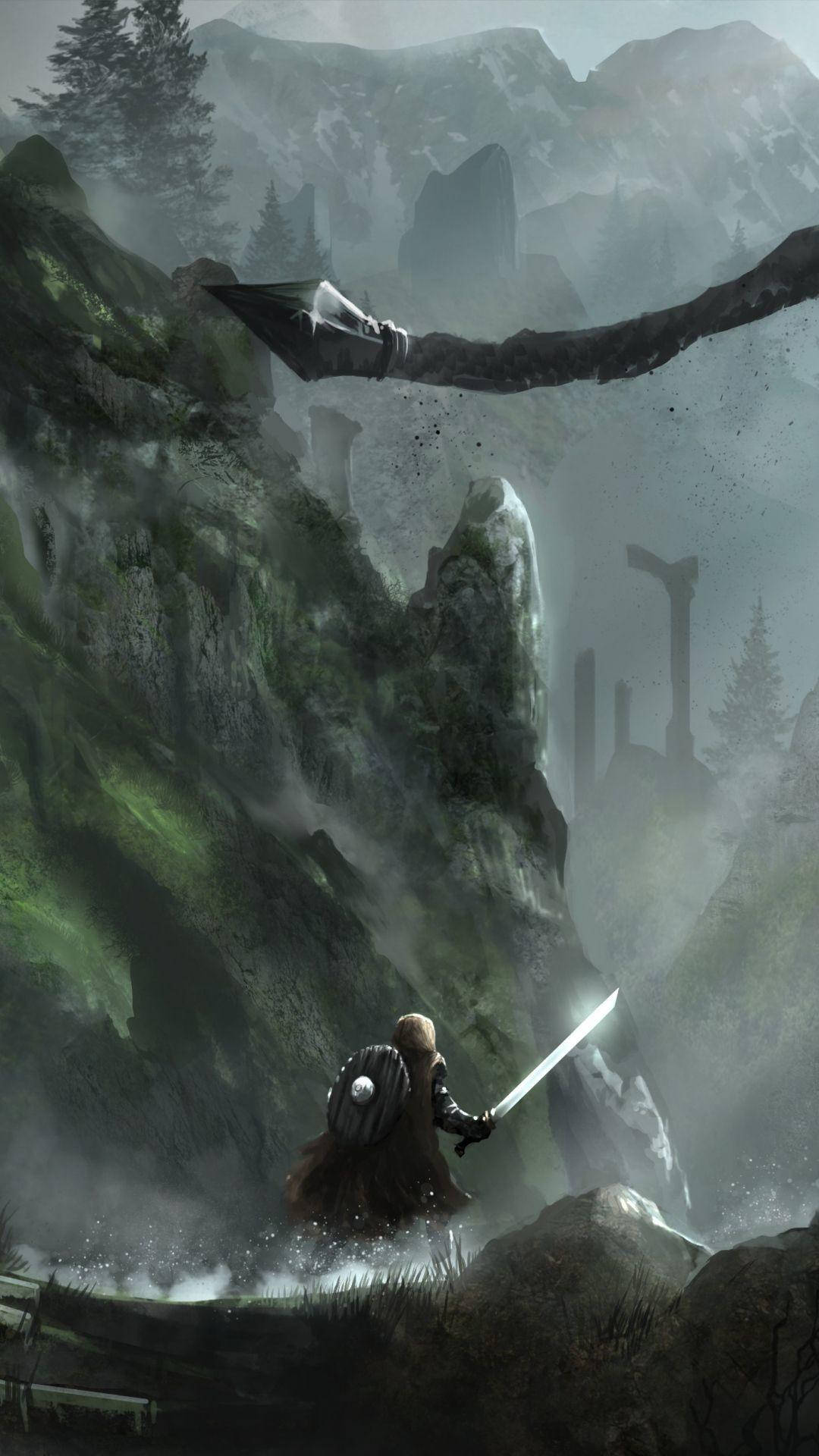 Epic Skyrim Warrior Wielding A Sword On Iphone Background Background