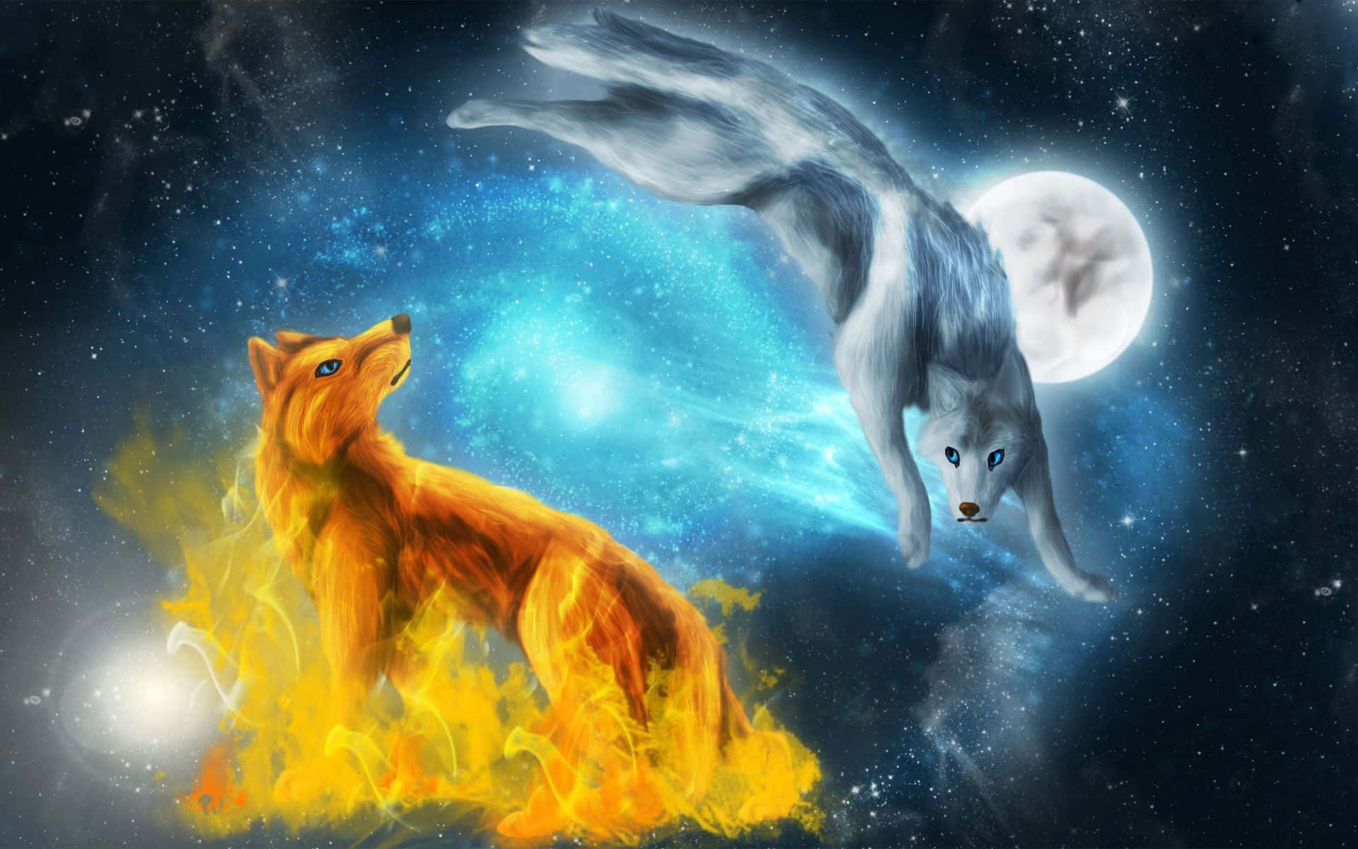 Epic Wolves Elements With Moon Background