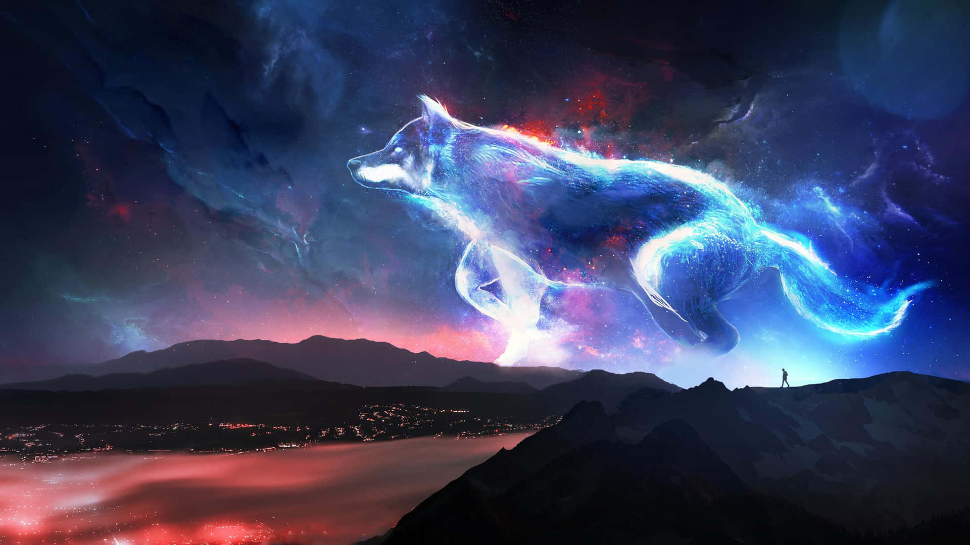 Epic Wolves Jumping Above Mountain Background