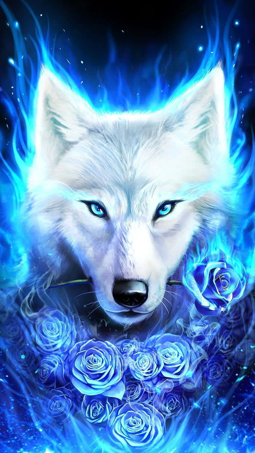 Epic Wolves With Blue Roses Background