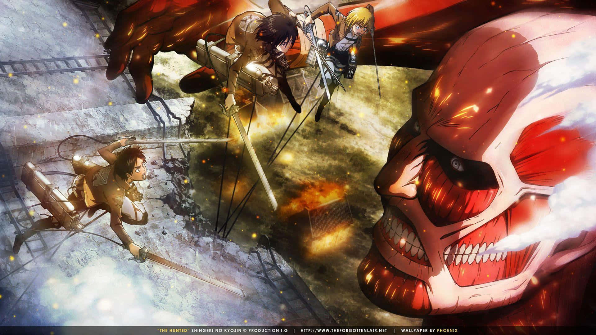 Eren, Mikasa, Armin Vs Colossal Titan Background