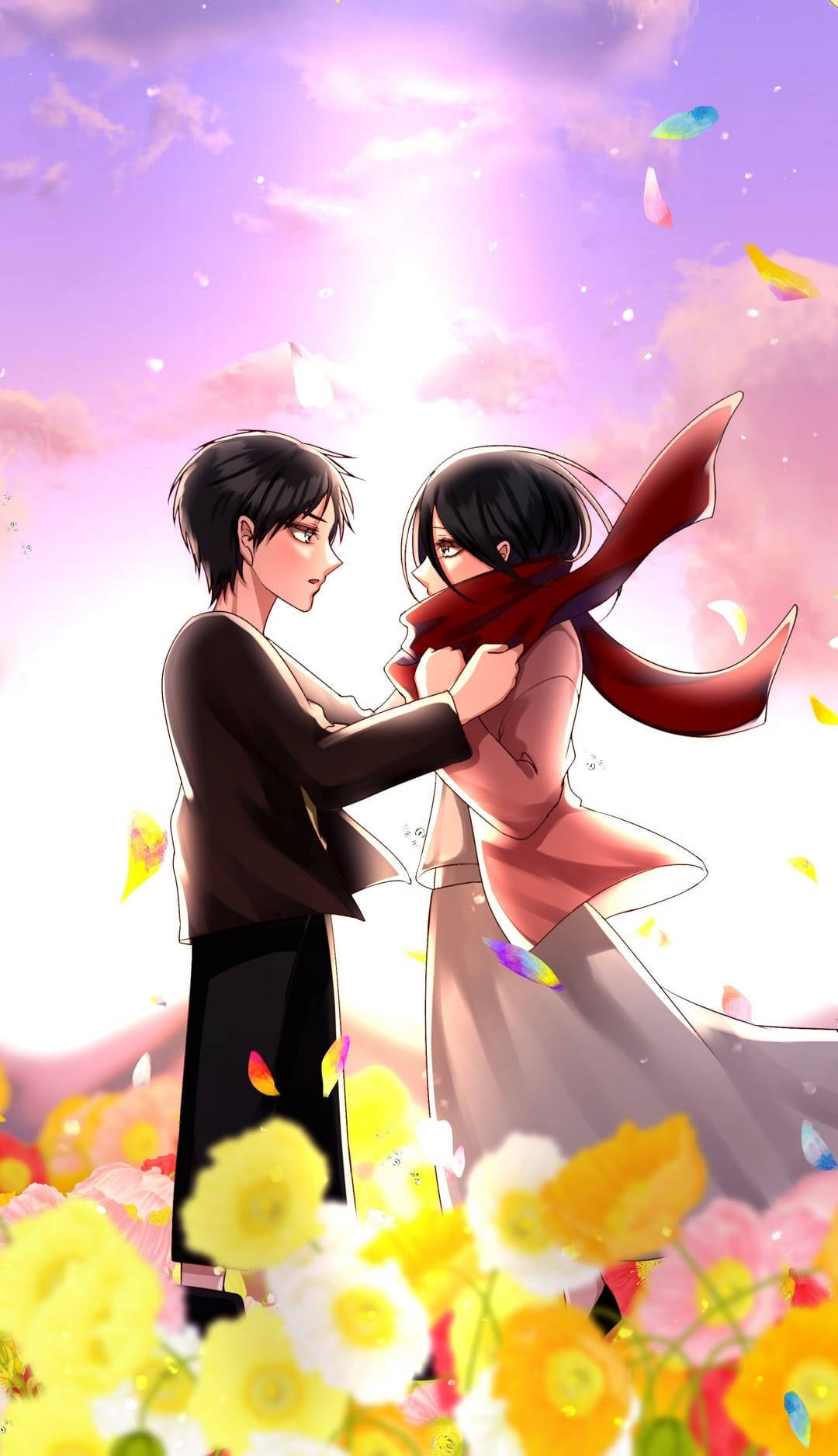 Eren Mikasa Cute Flower Field Background