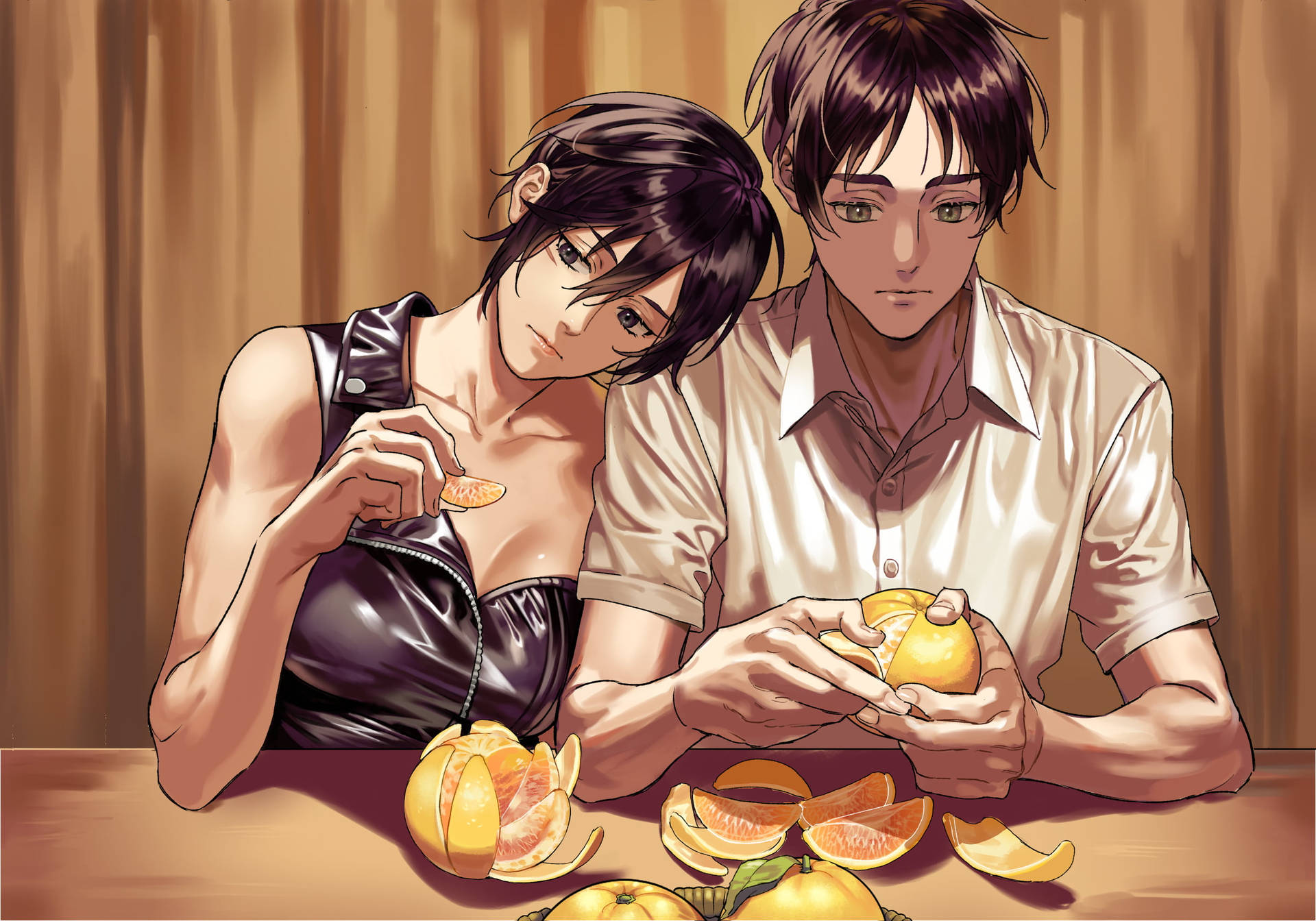 Eren Yeager And Mikasa Peeling Oranges Background