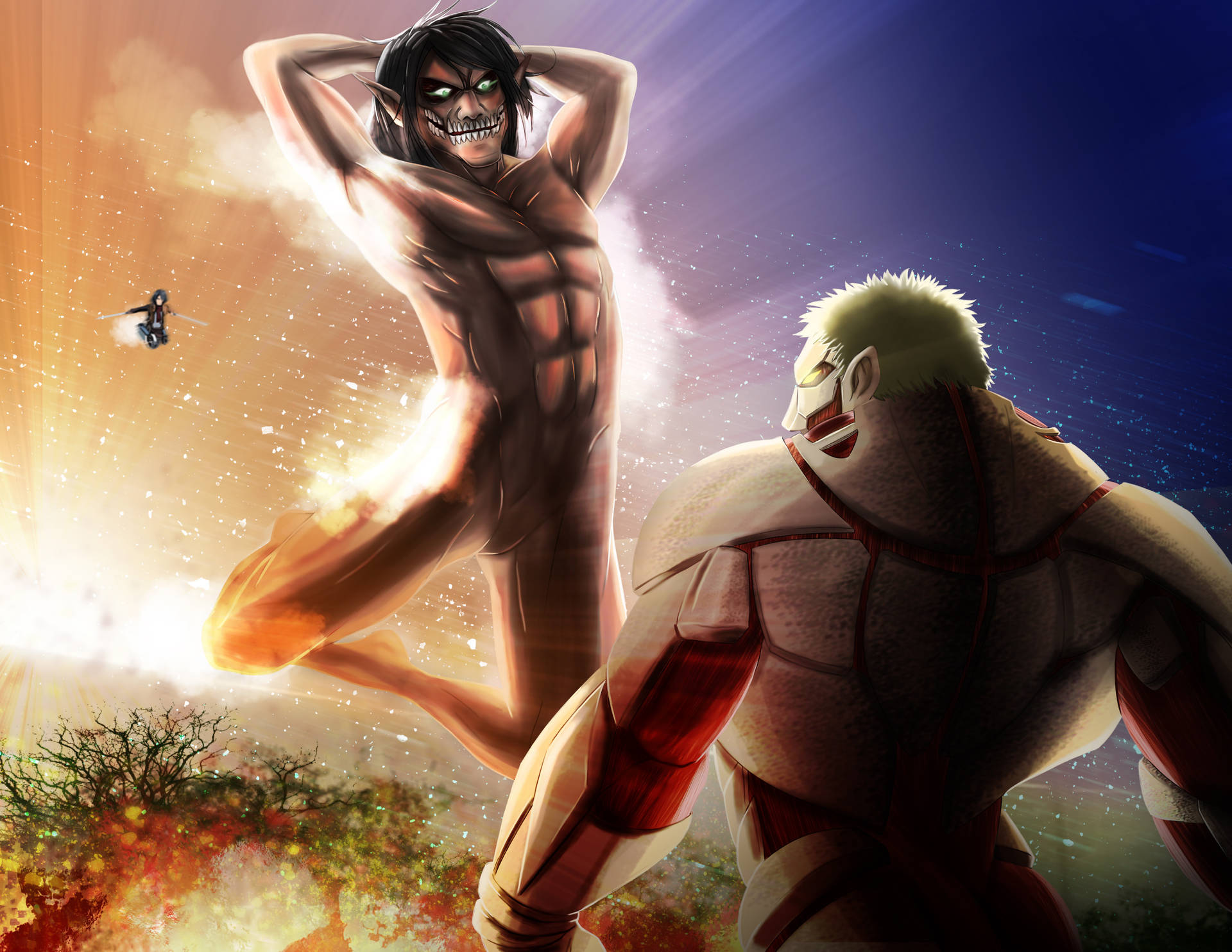 Eren Yeager Attacking Reiner Braun Background