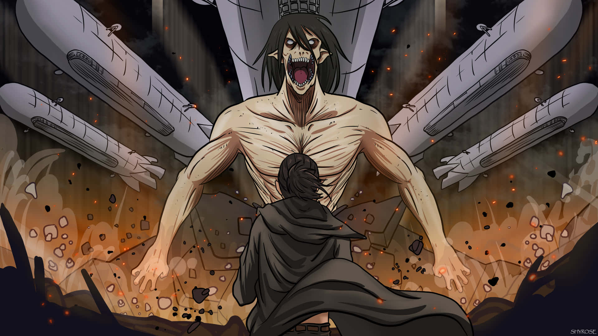 Eren Yeager Battles Giant Titans To Protect The Walls Of His Home Background