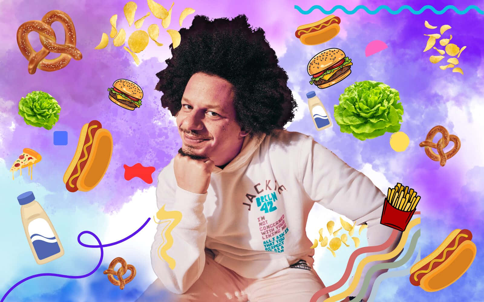 Eric Andre Surroundedby Food Fantasy Background