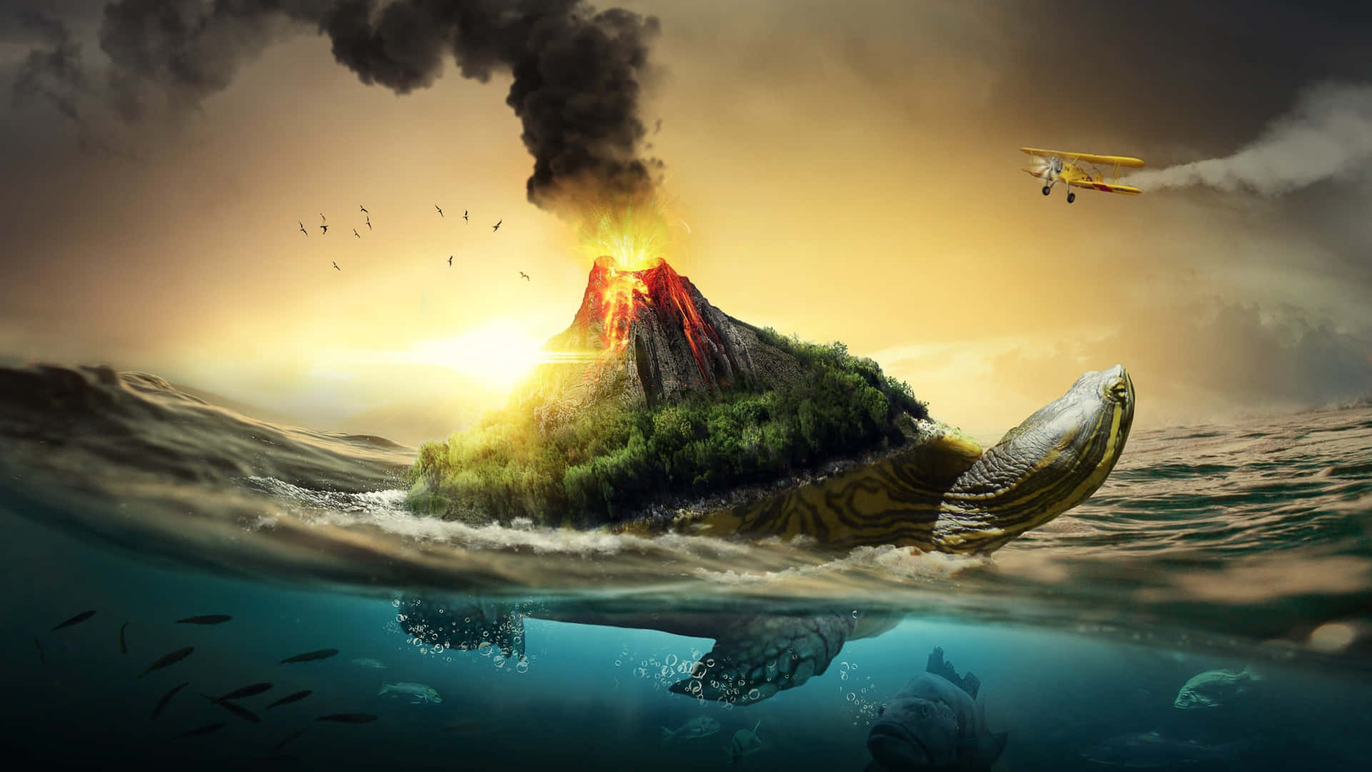 Erupting Volcano Fantasy Sea Turtle Background