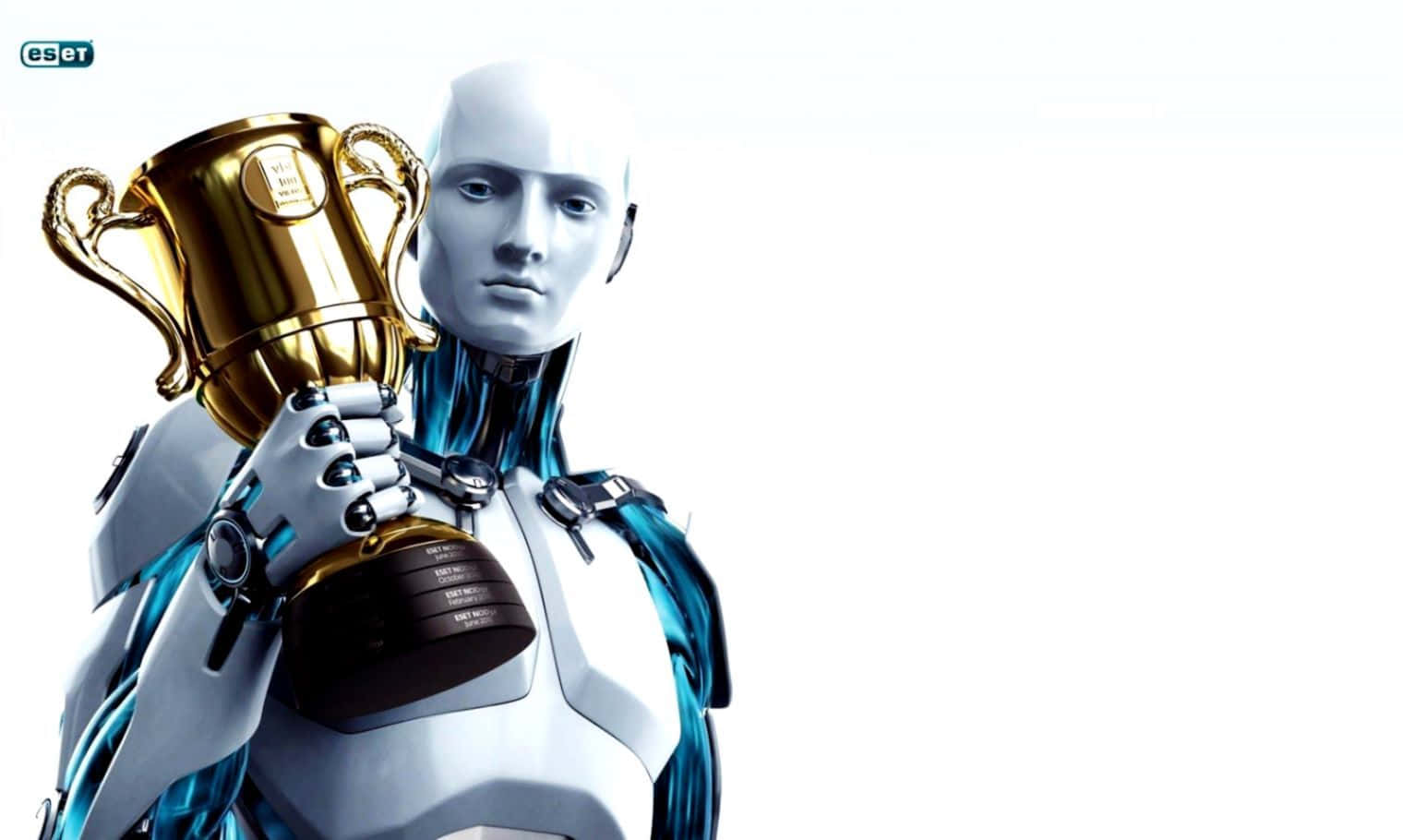 Eset Antivirus Robot Holding A Trophy Background