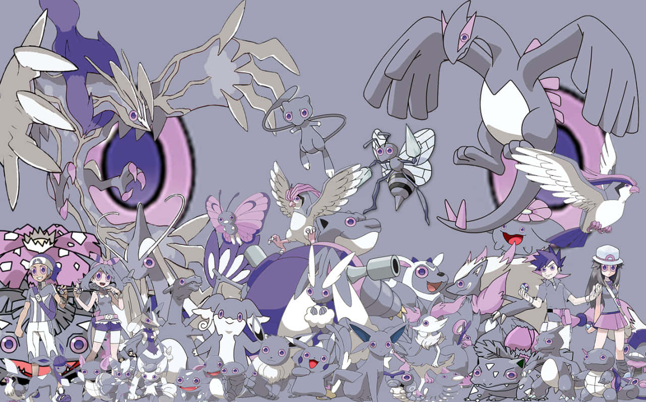 Espurr With Other Pokémon And Trainers Background