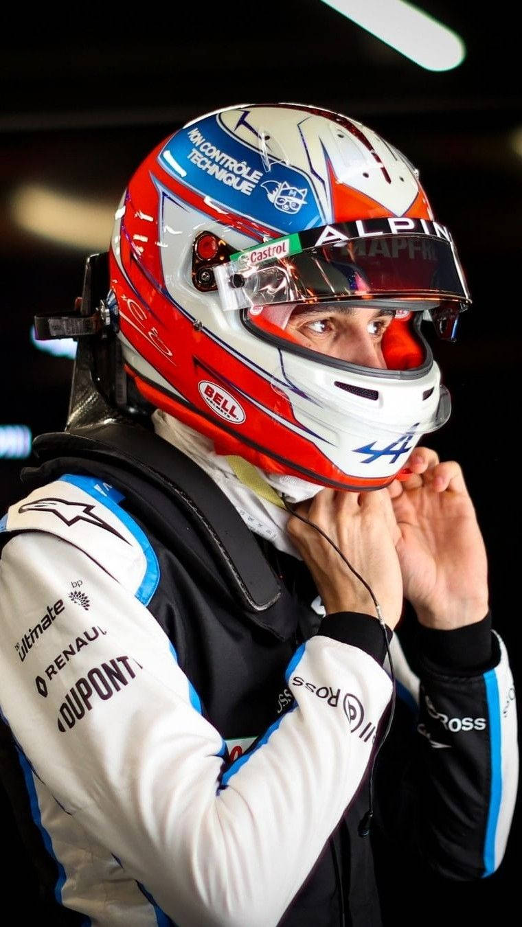 Esteban Ocon, Focused And Ready With His Racing Helmet. Background