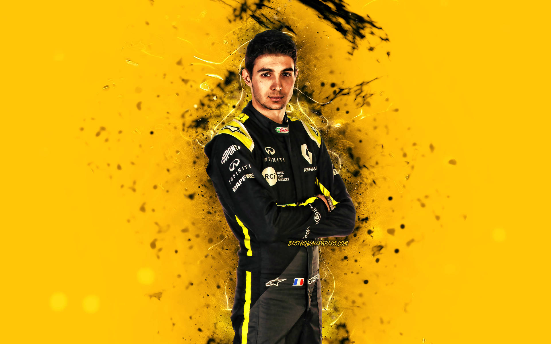 Esteban Ocon In His Race Suit Against A Vivid Yellow Backdrop Background