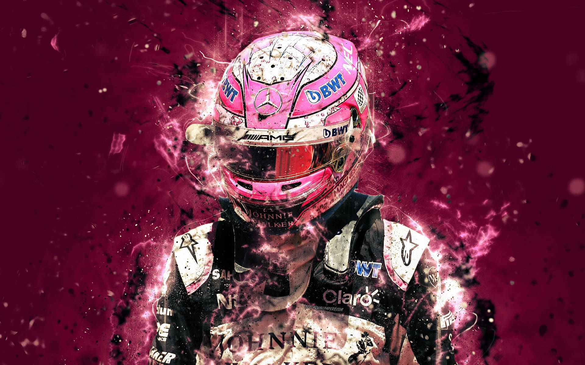 Esteban Ocon Sportingly Focused In His Pink Racing Gear Background