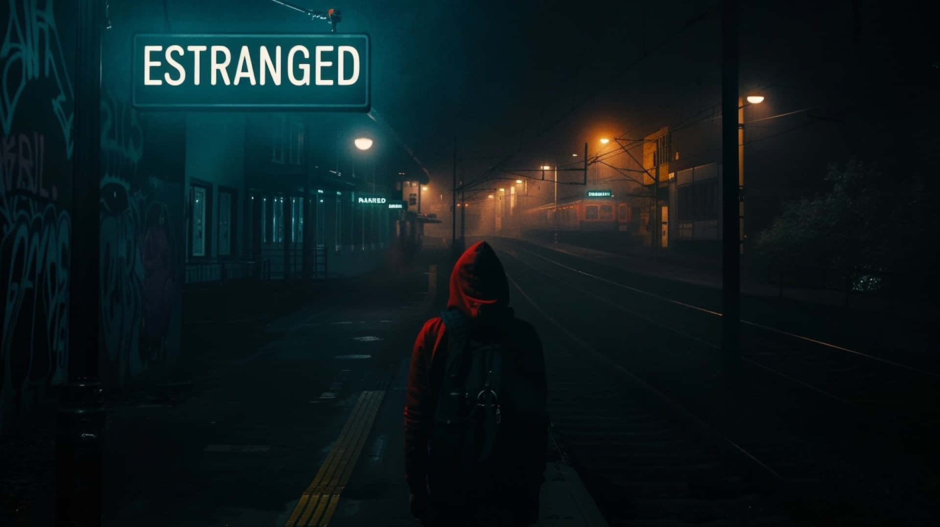 Estranged Night Scenewith Figurein Red Hoodie Background